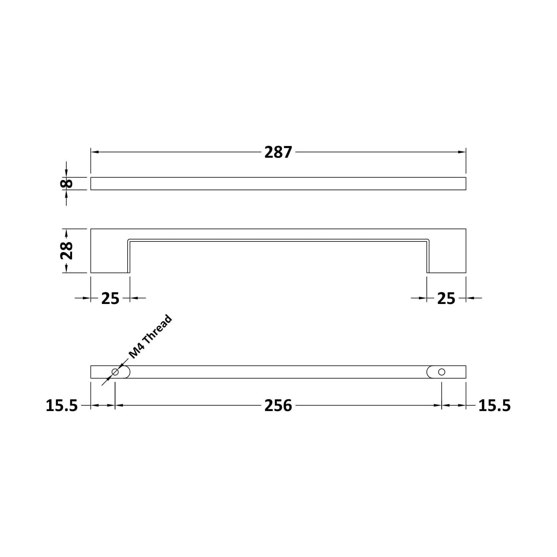Furniture Handle Thin D Shape Handle, 287mm (256mm Centres) - Chrome - Image 2