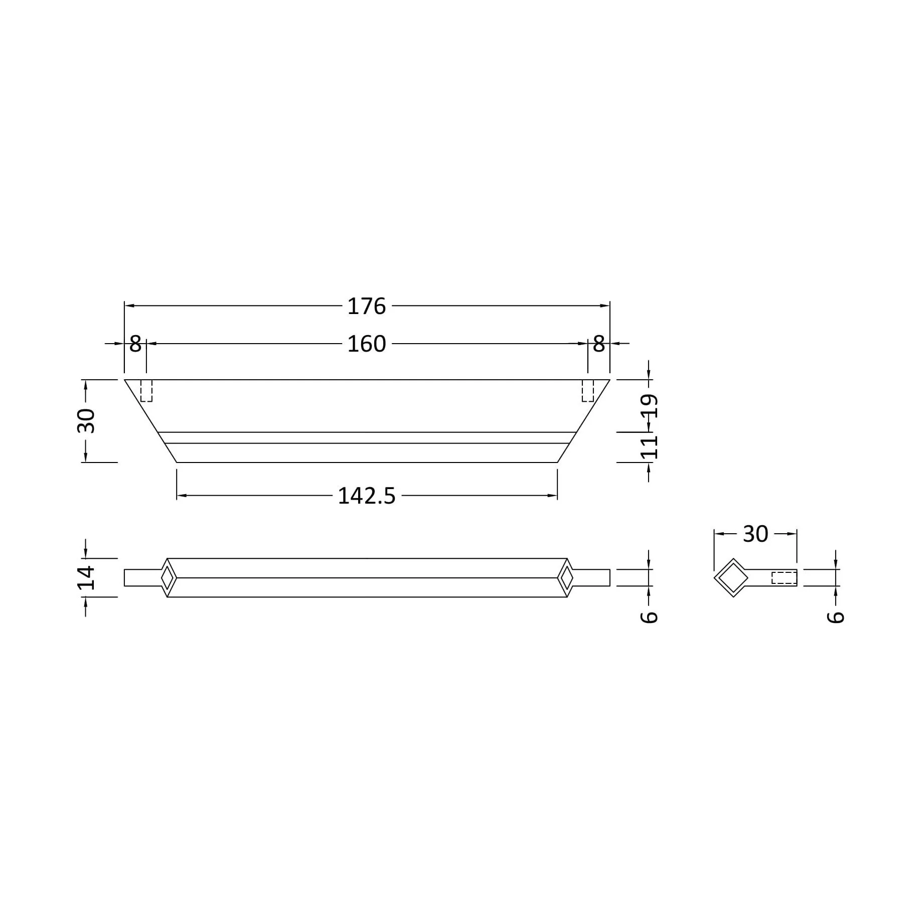 Profile Handle, 176mm (160mm Centres) - Chrome - Image 2