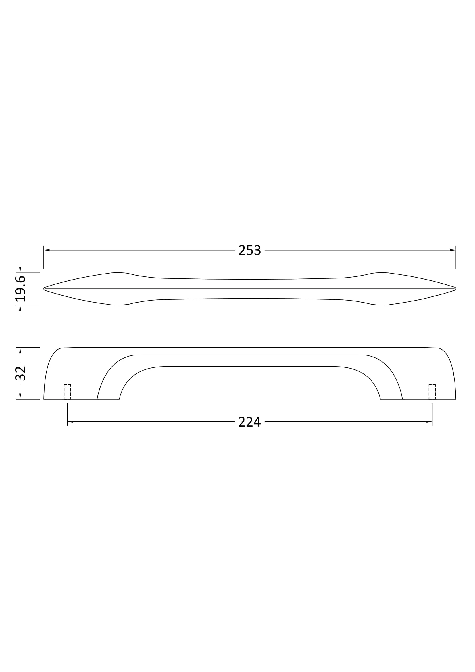 Furniture Handle D Shape Handle, 253mm (224mm Centres) - Chrome