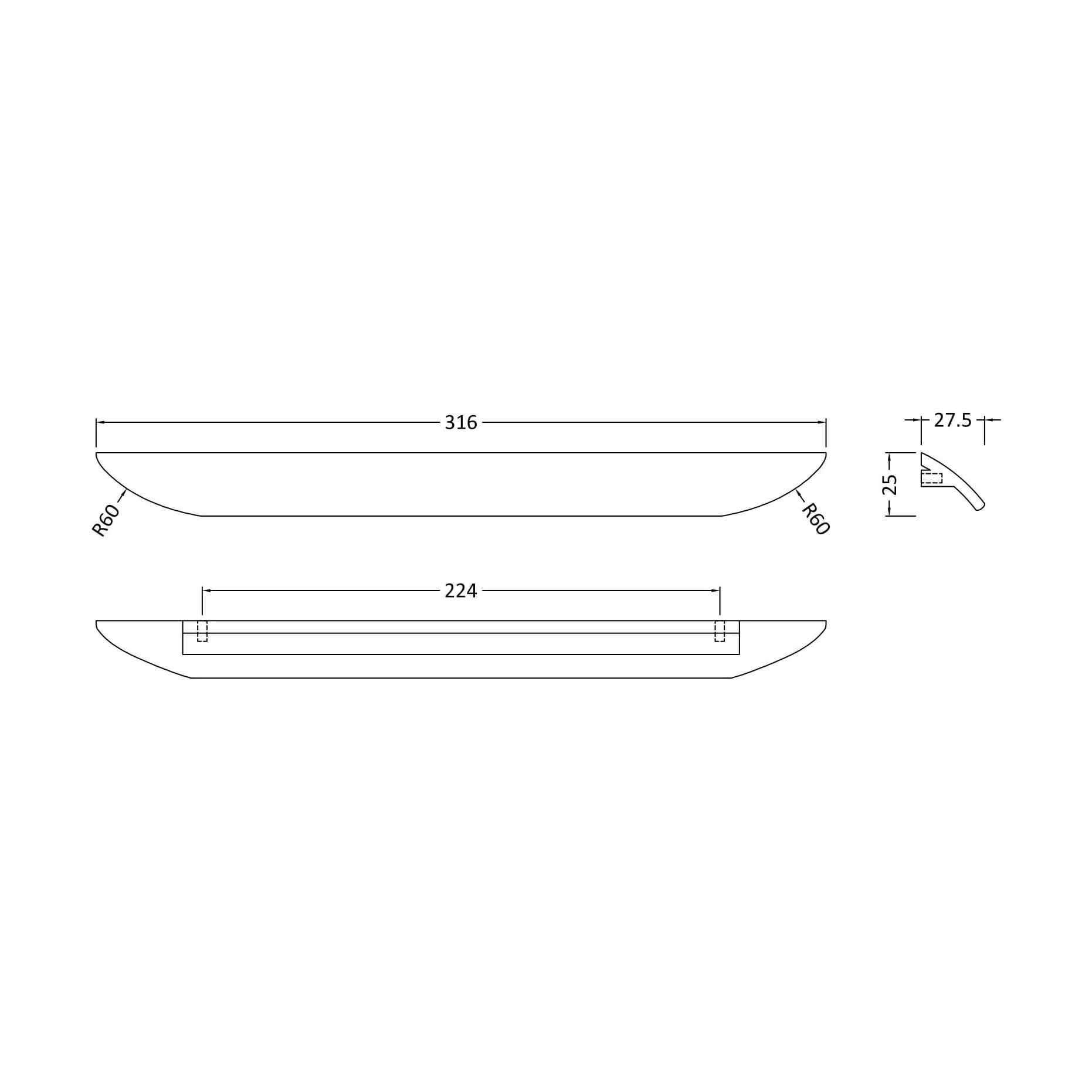 Finger Pull Handle, 316mm (224mm Centres) - Chrome - Image 2