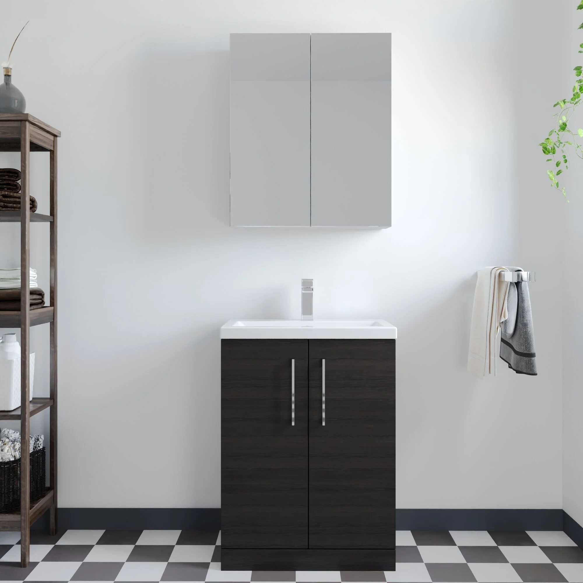 Balterley Level Compact Bathroom Cloakroom Vanity Basin Unit with Polymarble Basin, Chrome Handles, 600mm, Woodgrain Black - Image 2