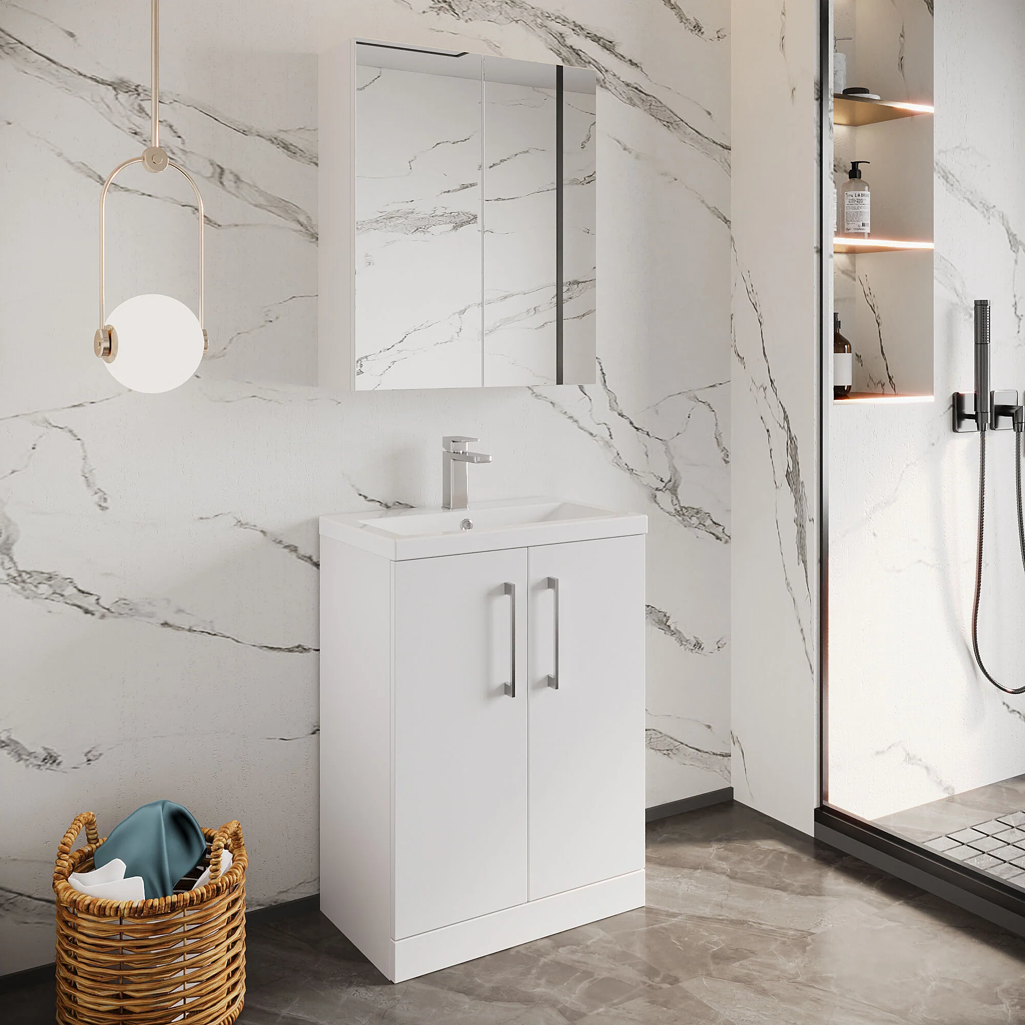 Balterley Level Compact Bathroom Cloakroom Vanity Basin Unit with Ceramic Basin, Chrome Handles, 600mm, Gloss White - Image 4
