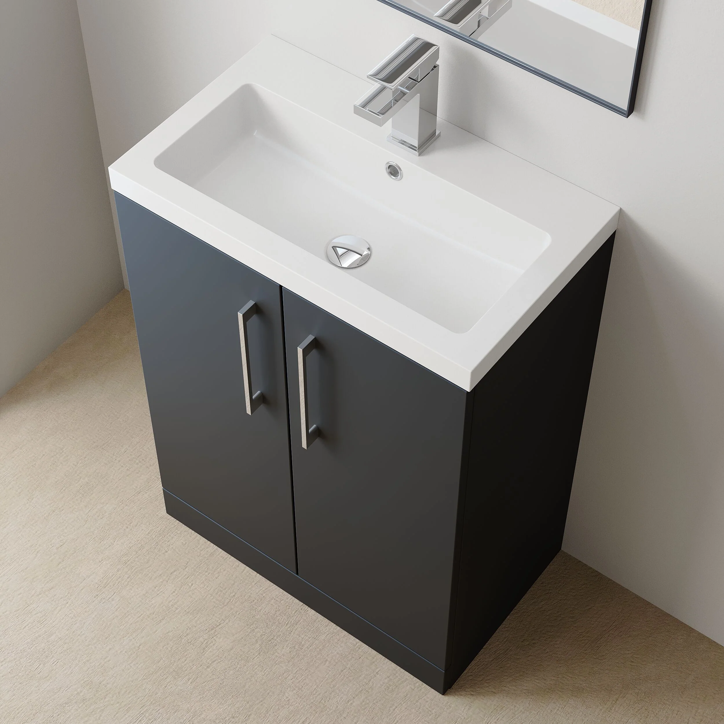 Balterley Level Compact Bathroom Cloakroom Vanity Basin Unit with Polymarble Basin, Chrome Handles, 600mm, Satin Dark Grey - Image 3