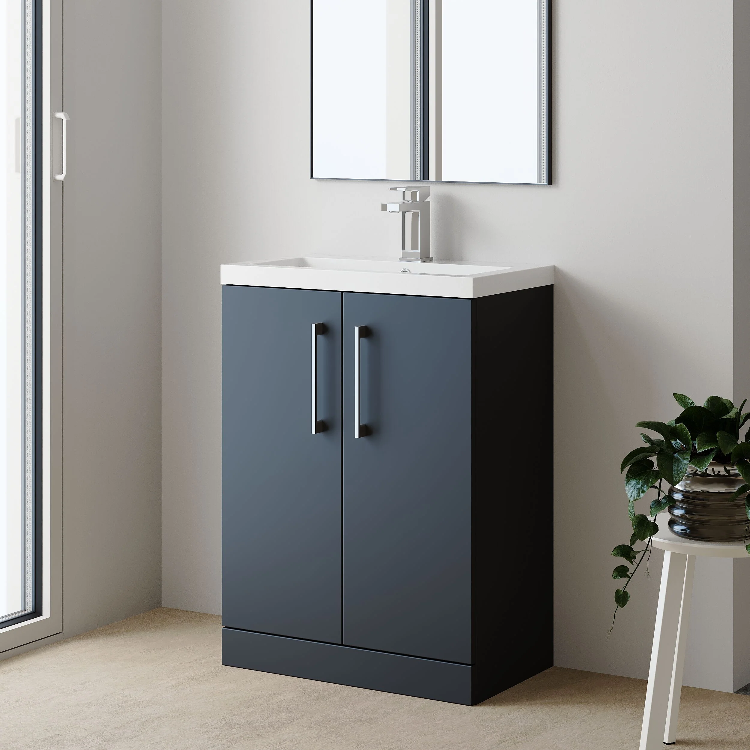 Balterley Level Compact Bathroom Cloakroom Vanity Basin Unit with Polymarble Basin, Chrome Handles, 600mm, Satin Dark Grey - Image 4