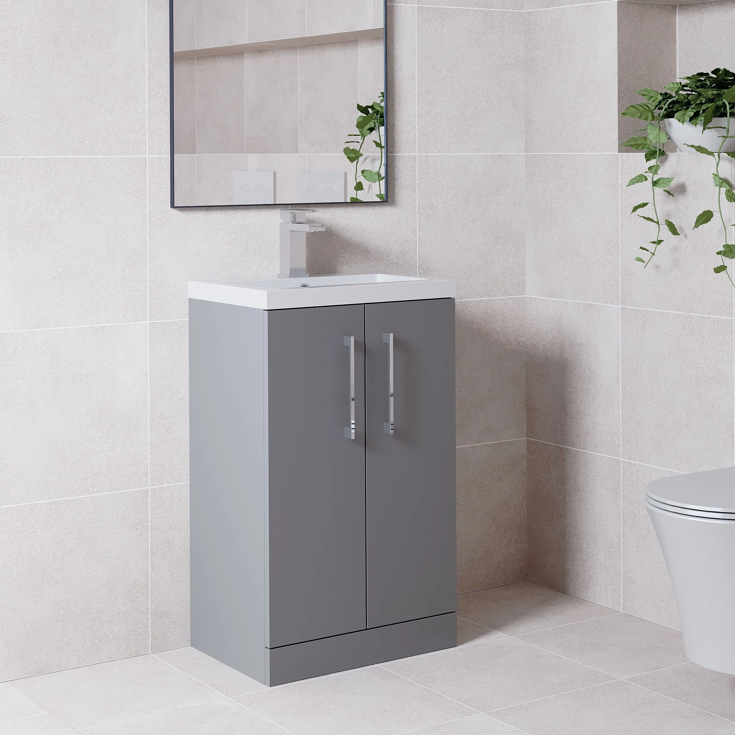 Balterley Level Compact Bathroom Cloakroom Vanity Basin Unit with Polymarble Basin, Chrome Handles, 500mm, Satin Grey - Image 4