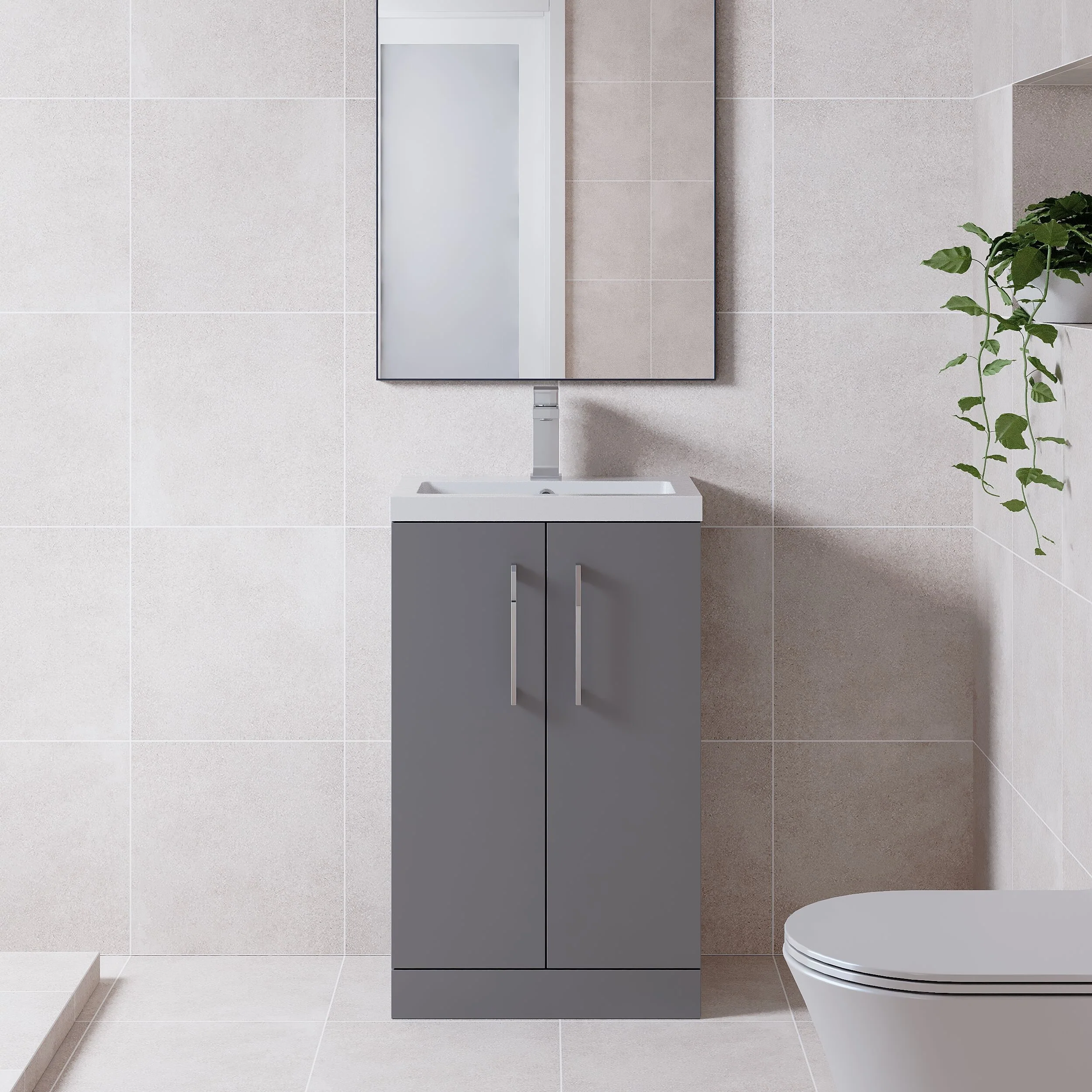 Balterley Level Compact Bathroom Cloakroom Vanity Basin Unit with Ceramic Basin, Chrome Handles, 500mm, Satin Grey - Image 2