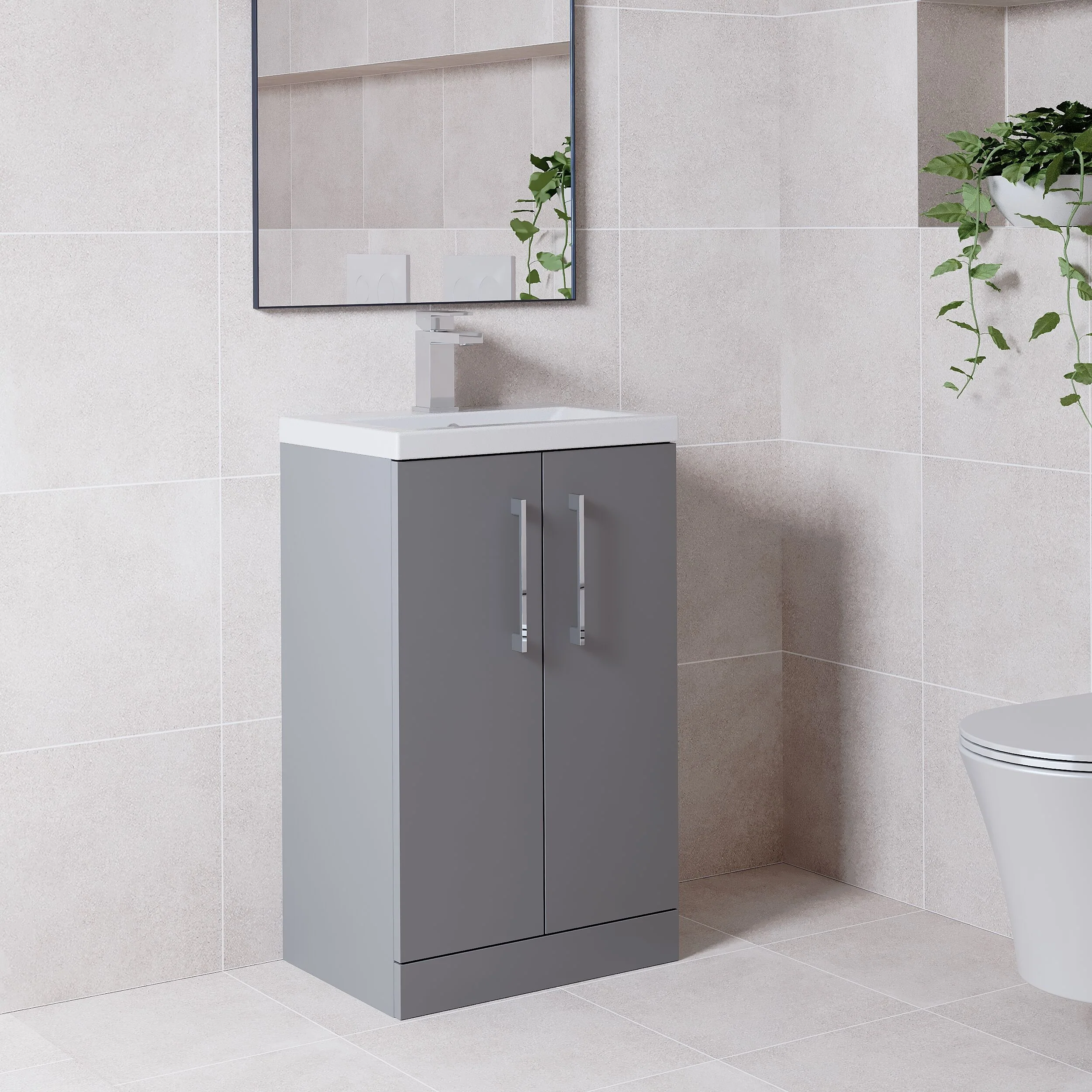 Balterley Level Compact Bathroom Cloakroom Vanity Basin Unit with Ceramic Basin, Chrome Handles, 500mm, Satin Grey - Image 4