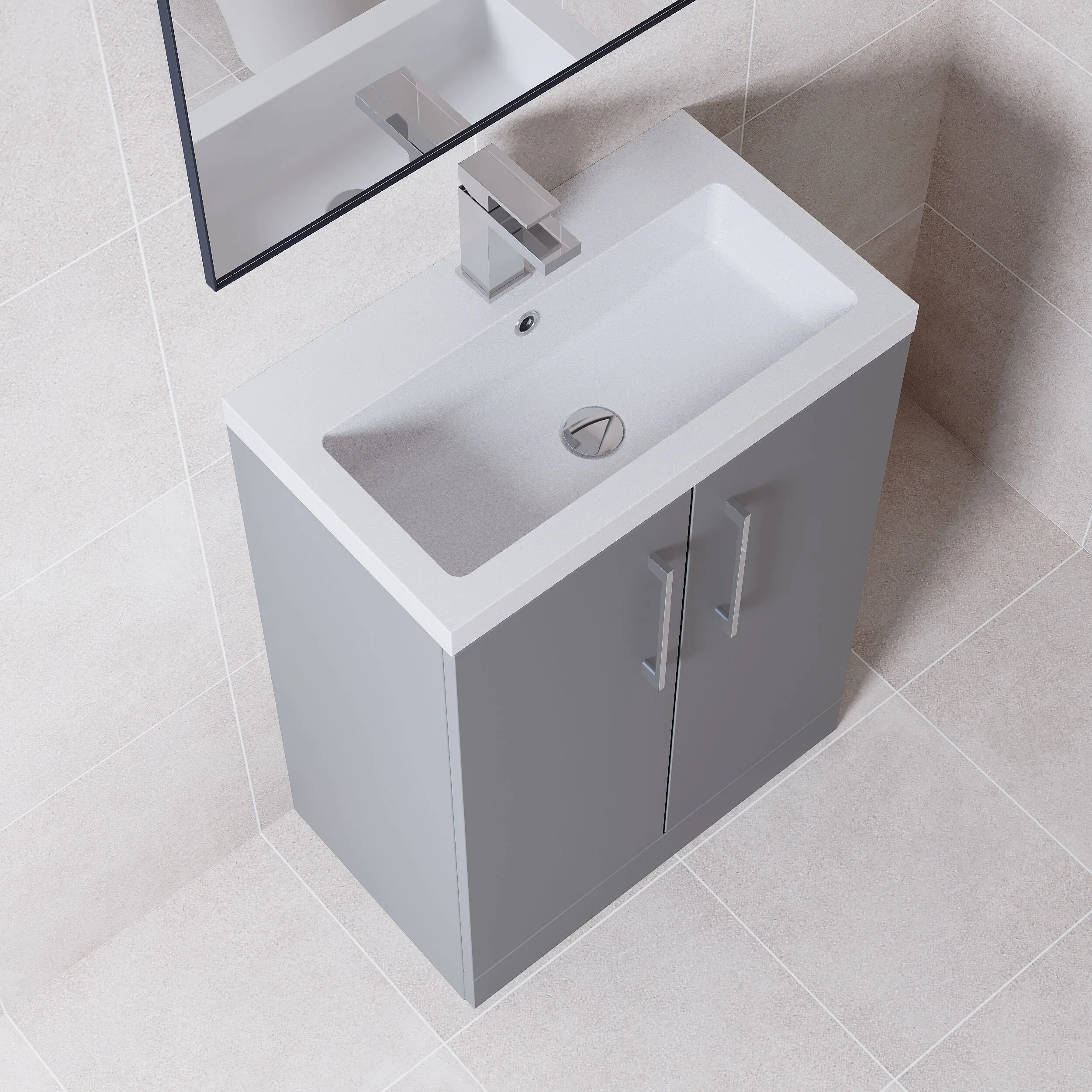 Balterley Level Compact Bathroom Cloakroom Vanity Basin Unit with Polymarble Basin, Chrome Handles, 600mm, Satin Grey - Image 3