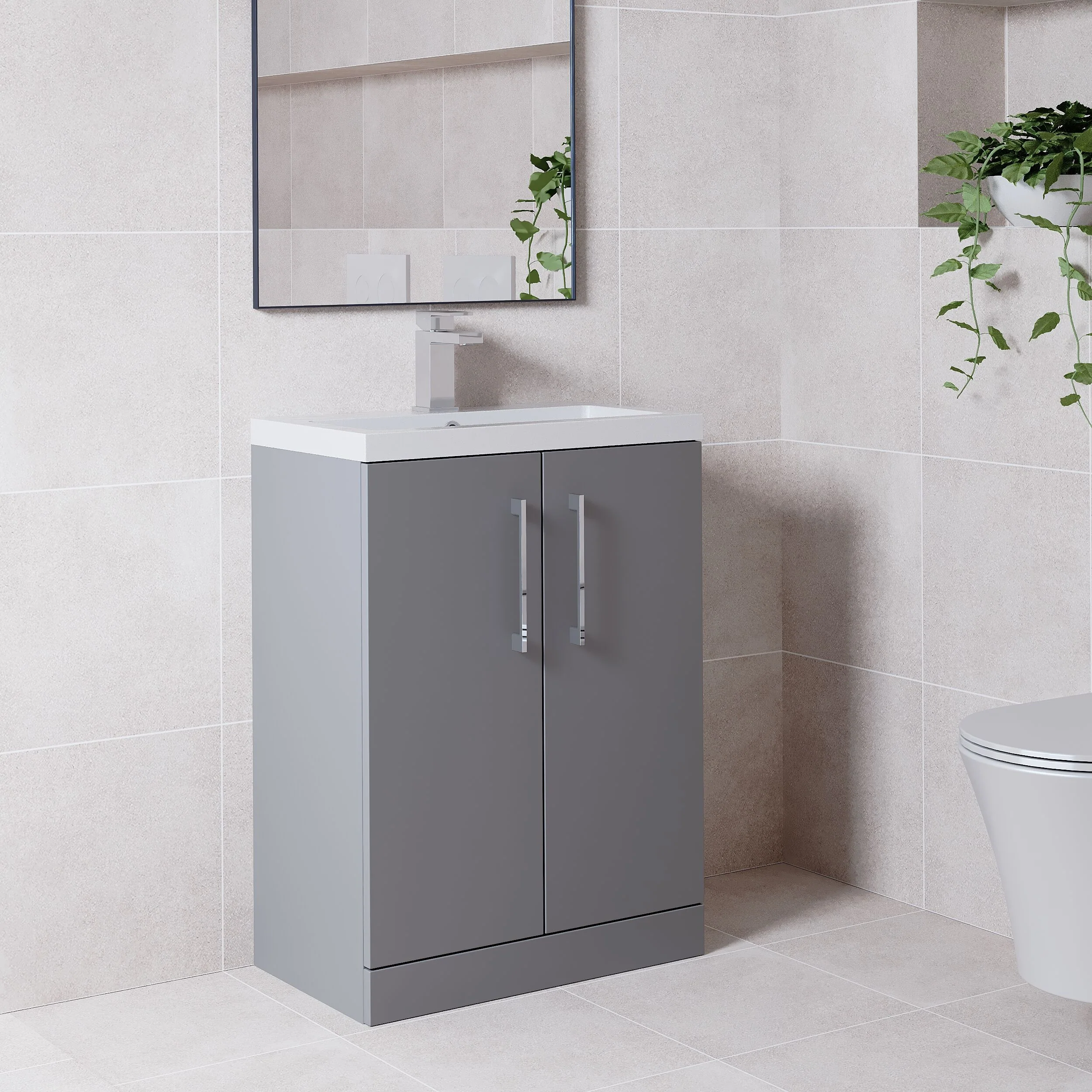 Balterley Level Compact Bathroom Cloakroom Vanity Basin Unit with Polymarble Basin, Chrome Handles, 600mm, Satin Grey - Image 4