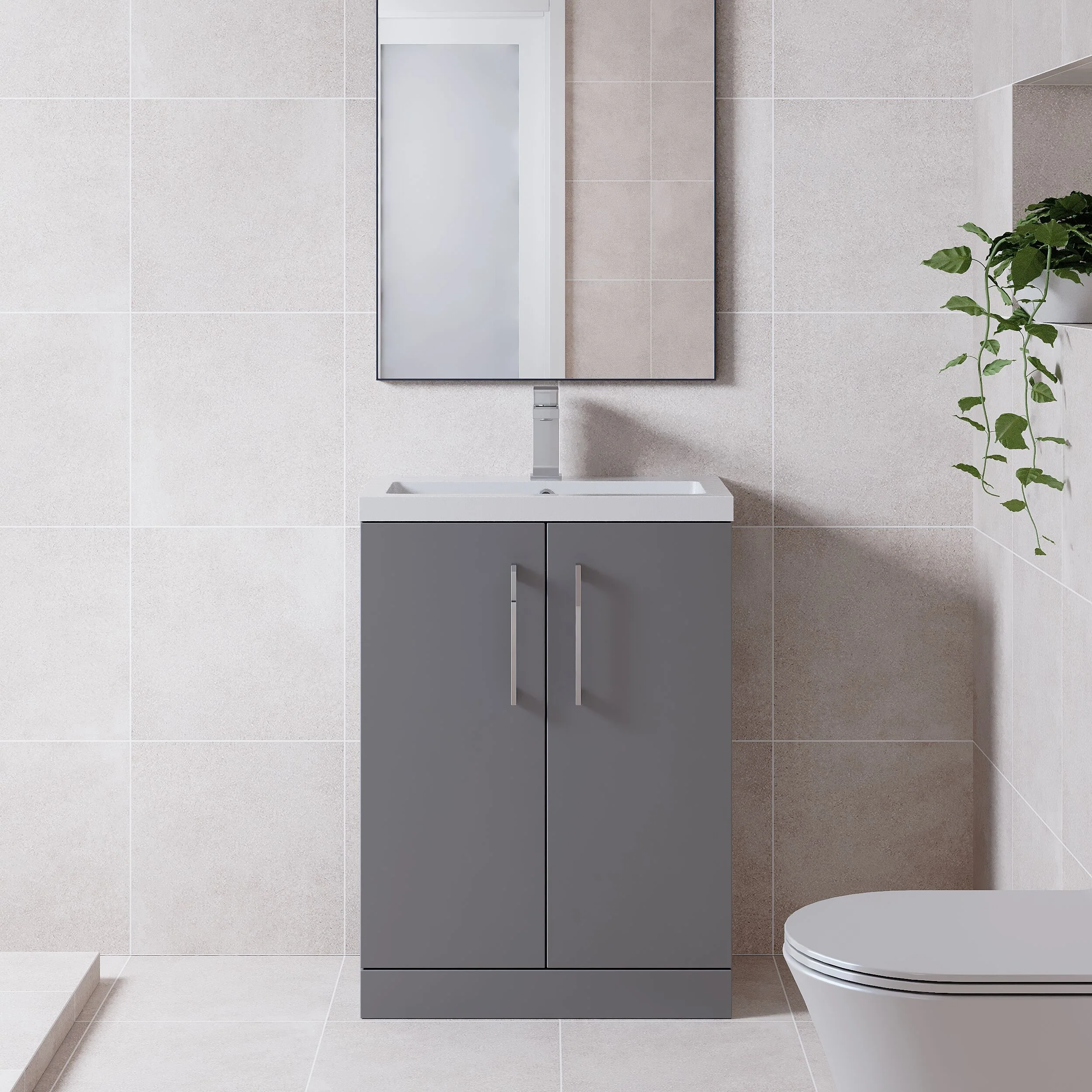 Balterley Level Compact Bathroom Cloakroom Vanity Basin Unit with Ceramic Basin, Chrome Handles, 600mm, Satin Grey - Image 2