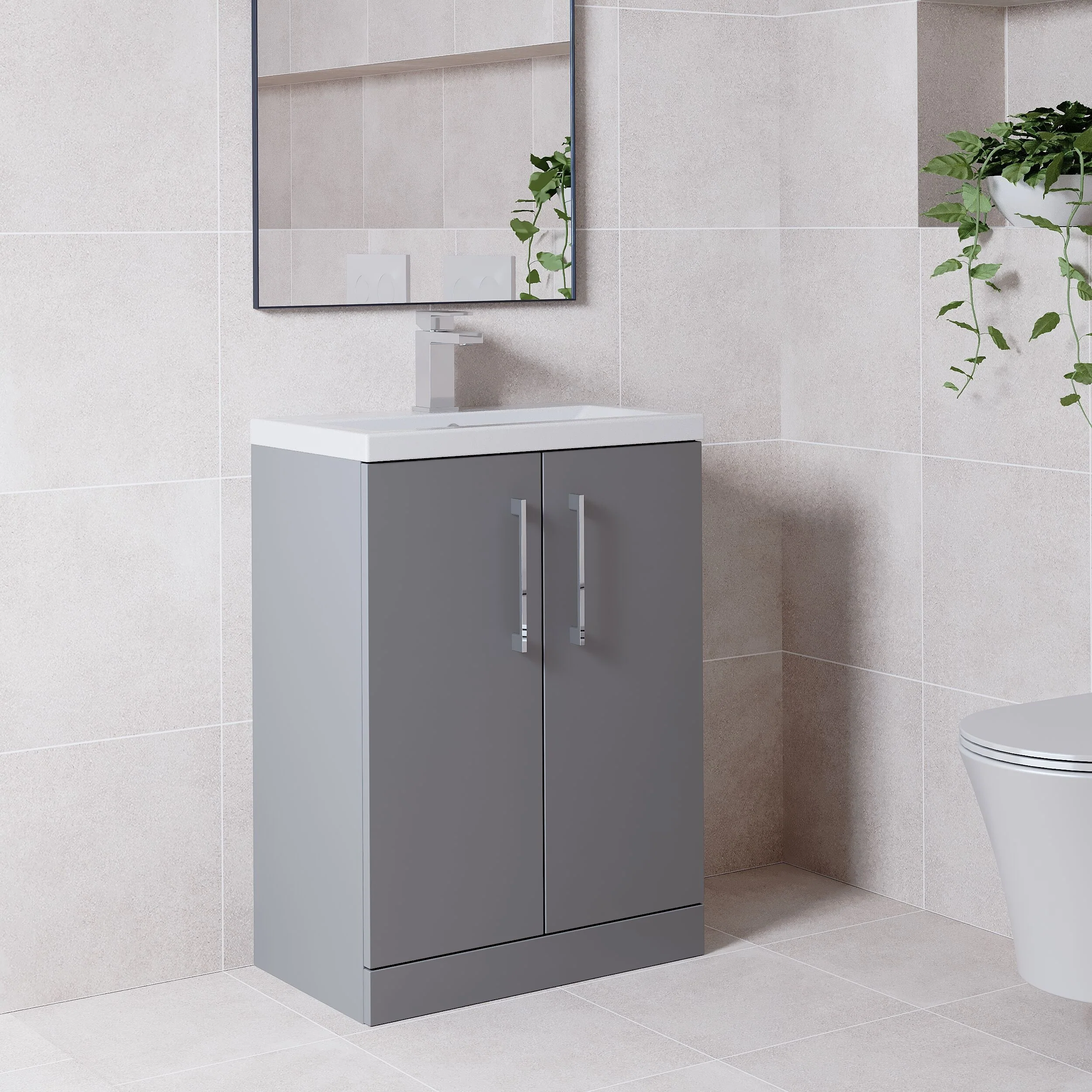 Balterley Level Compact Bathroom Cloakroom Vanity Basin Unit with Ceramic Basin, Chrome Handles, 600mm, Satin Grey - Image 3