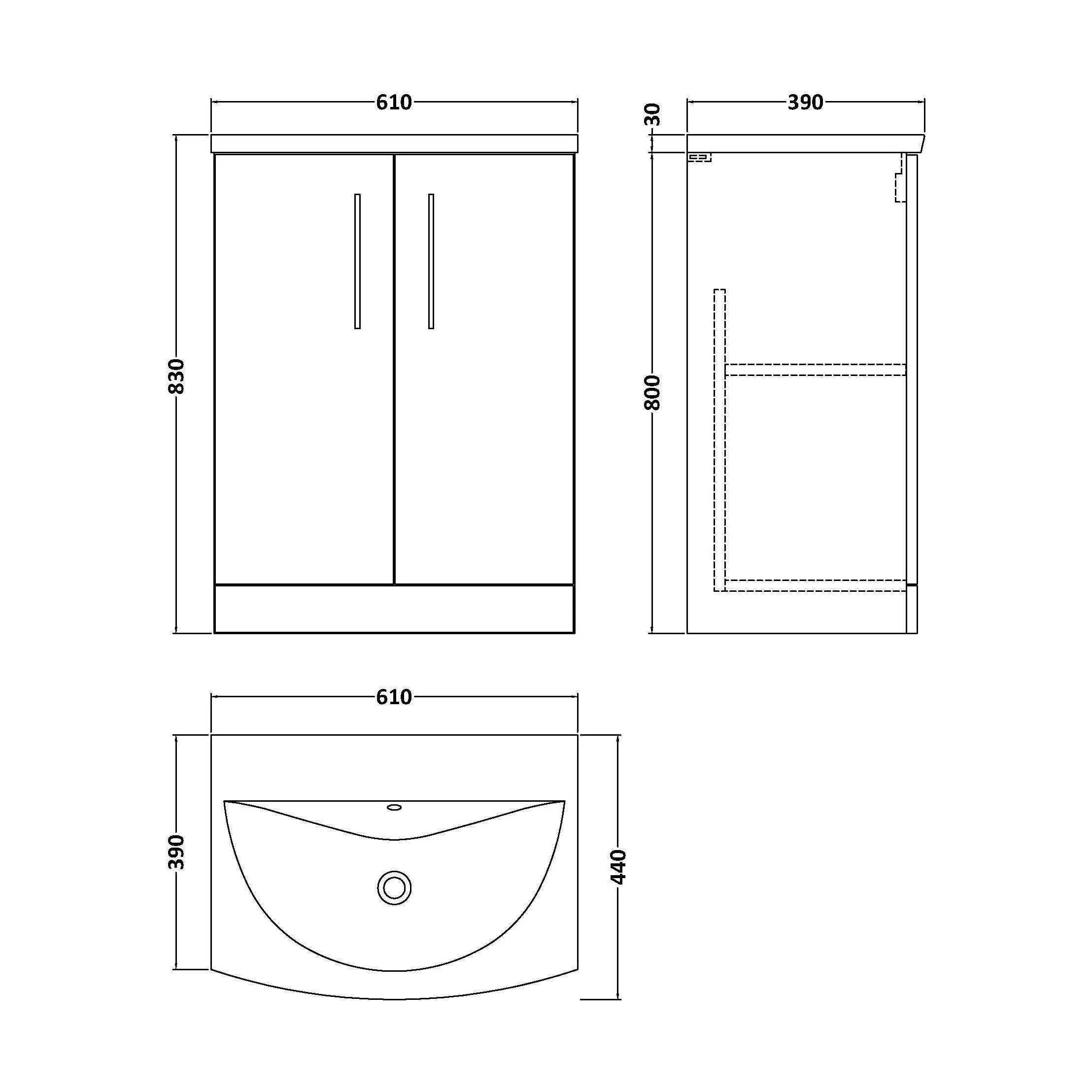 Balterley Contemporary Bathroom 2-Door Floor-Standing Curved Basin Vanity Unit, Gloss White, 600mm - Image 2