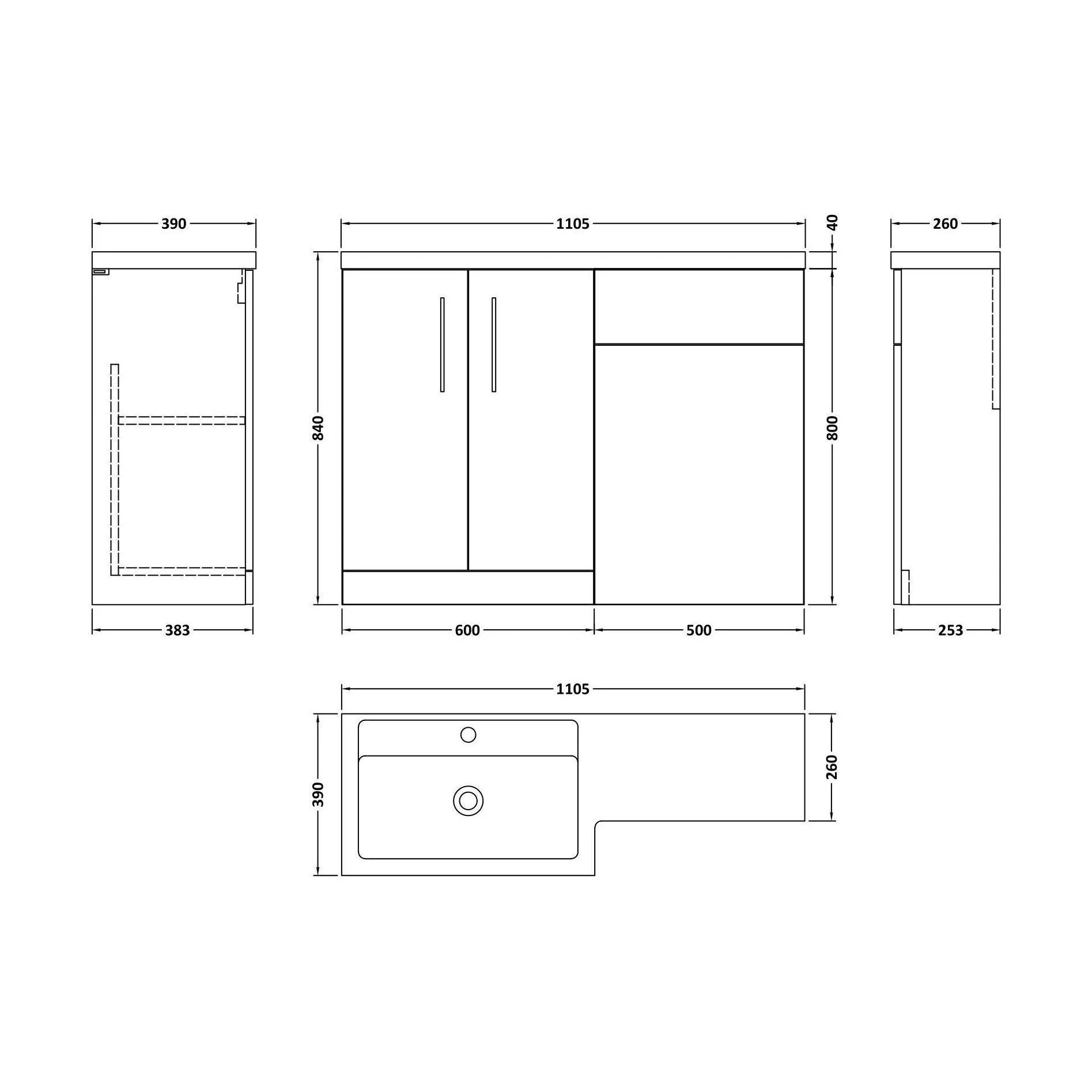 Bramshall Combination Vanity Unit with Basin & WC, Left Hand, 1100mm x 390mm - Choice of Colour and Handle Finish - Image 182