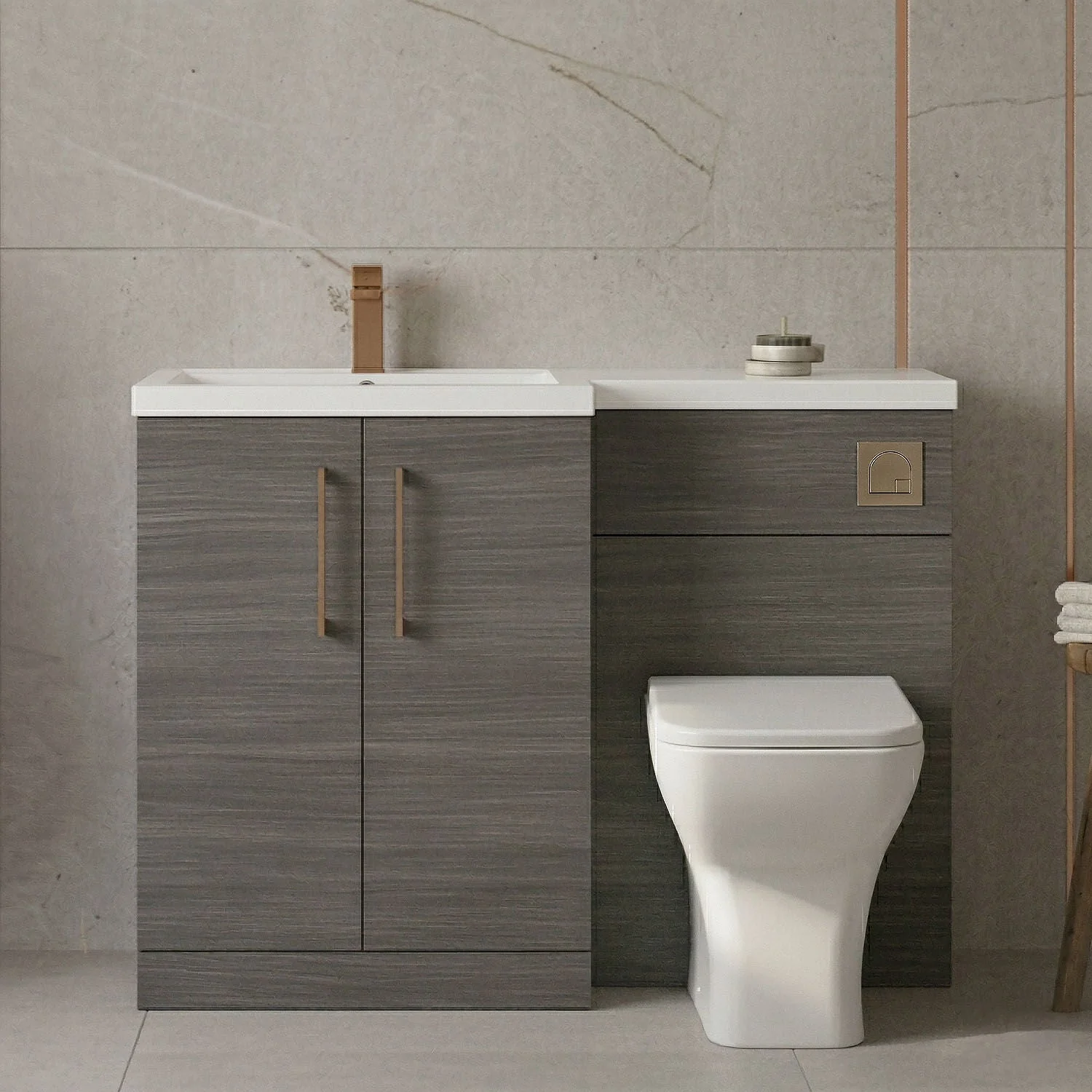 Bramshall Combination Vanity Unit with Basin & WC, Left Hand, 1100mm x 390mm - Choice of Colour and Handle Finish - Image 36