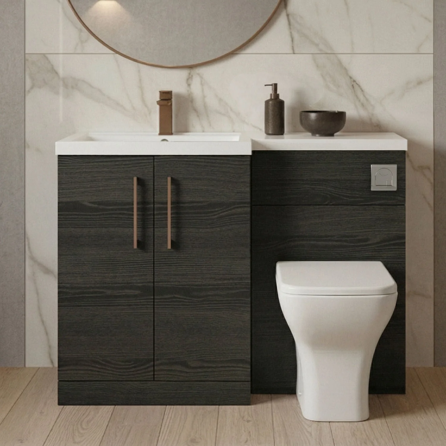 Bramshall Combination Vanity Unit with Basin & WC, Left Hand, 1100mm x 390mm - Choice of Colour and Handle Finish - Image 41