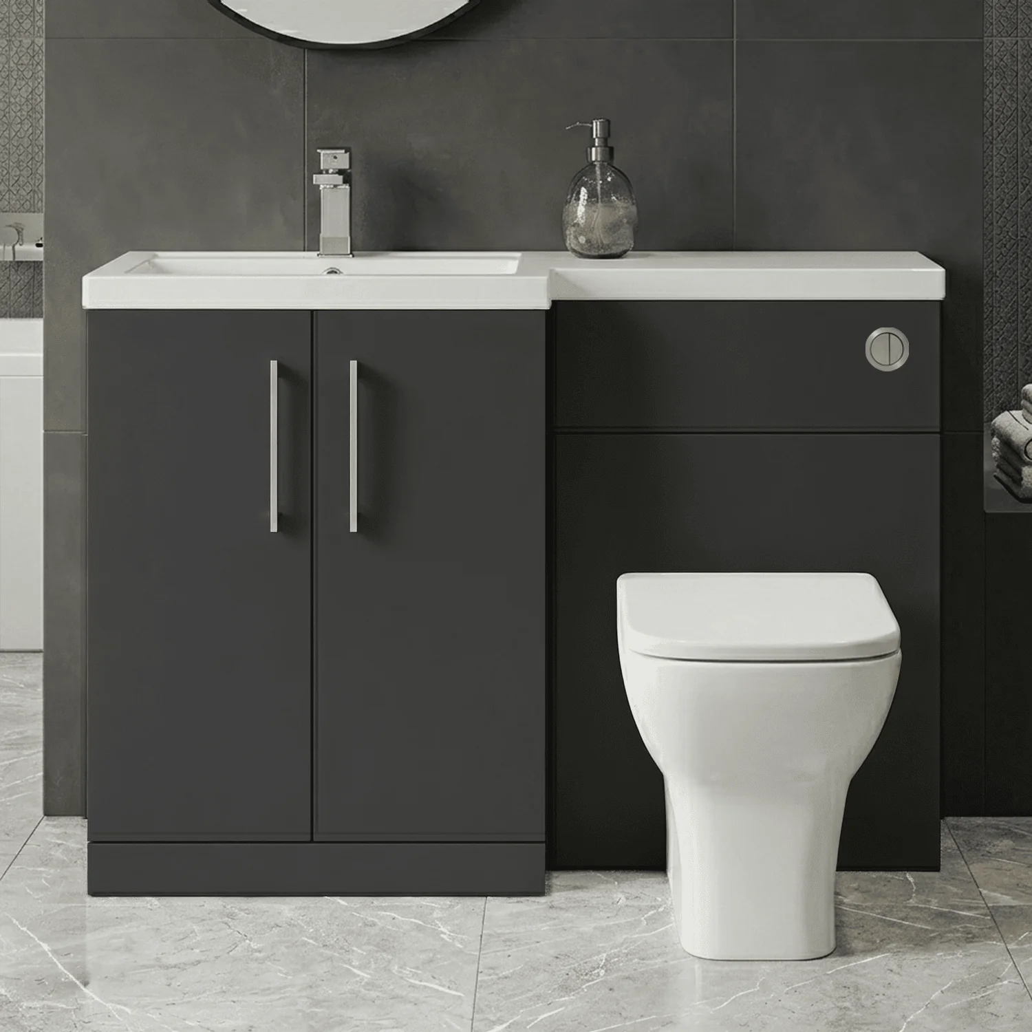 Bramshall Combination Vanity Unit with Basin & WC, Left Hand, 1100mm x 390mm - Choice of Colour and Handle Finish - Image 7