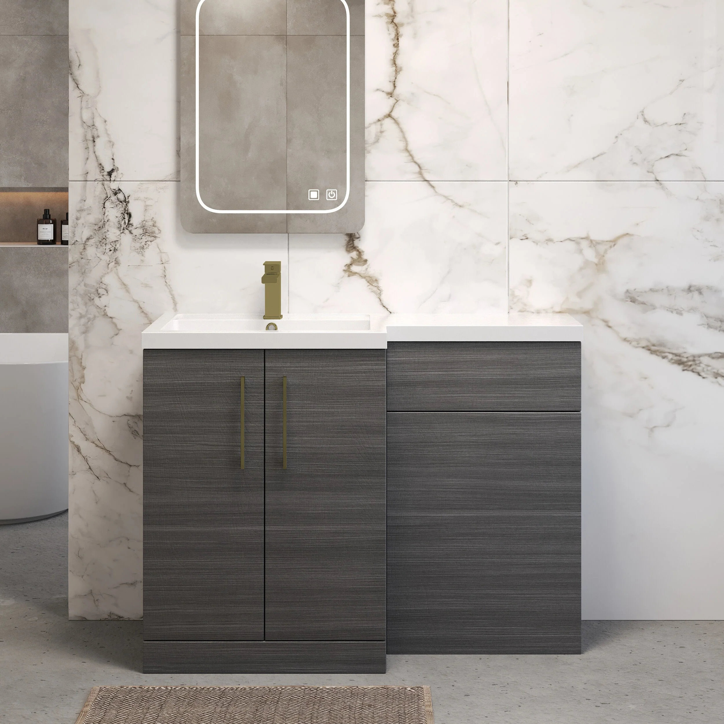 Bramshall Combination Vanity Unit with Basin & WC, Left Hand, 1100mm x 390mm - Choice of Colour and Handle Finish - Image 72