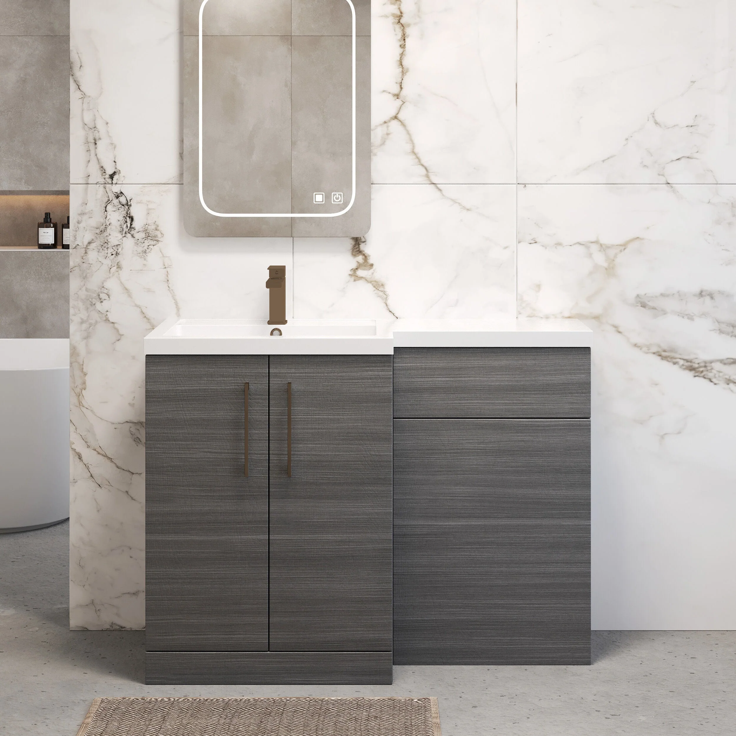 Bramshall Combination Vanity Unit with Basin & WC, Left Hand, 1100mm x 390mm - Choice of Colour and Handle Finish - Image 75