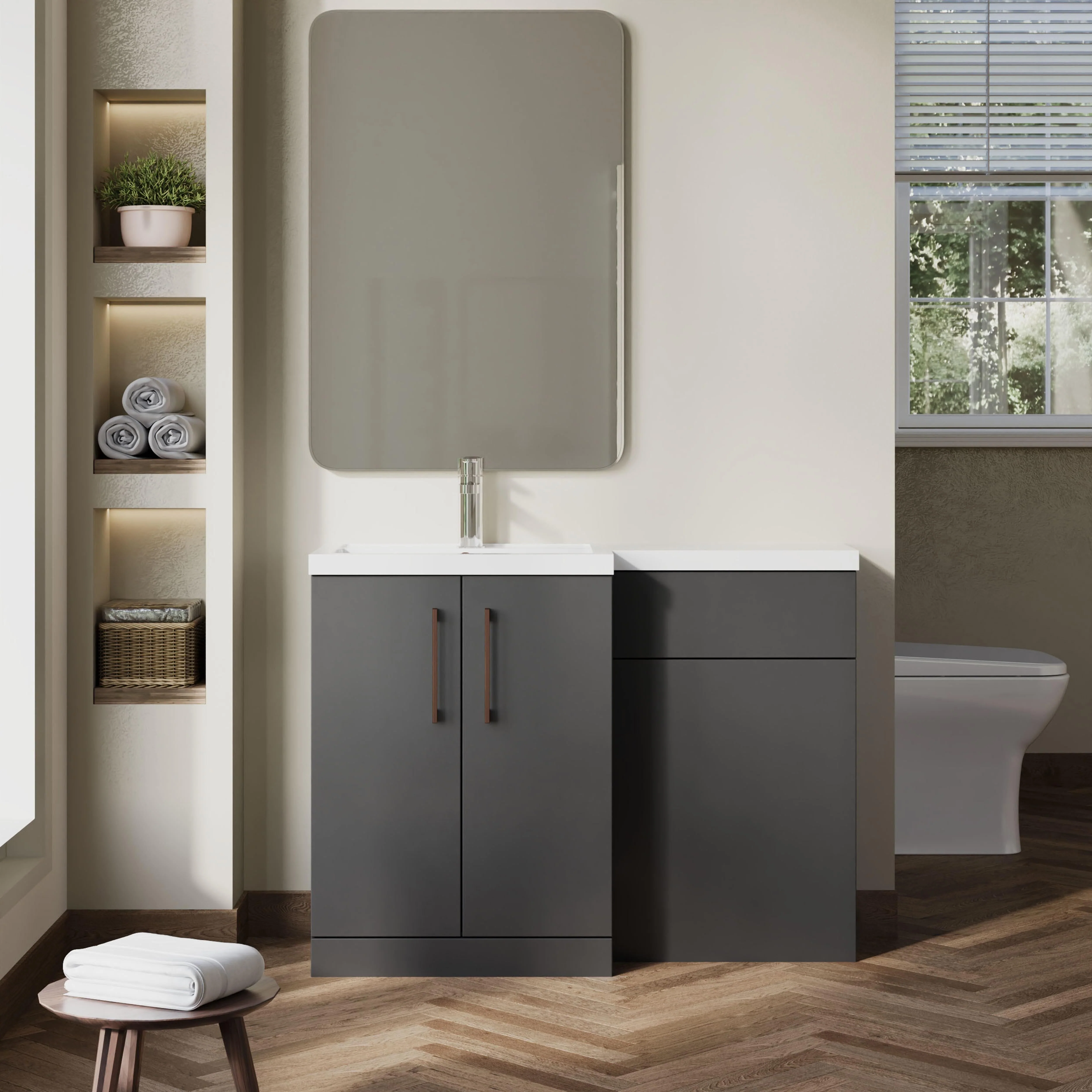 Bramshall Combination Vanity Unit with Basin & WC, Left Hand, 1100mm x 390mm - Choice of Colour and Handle Finish - Image 89