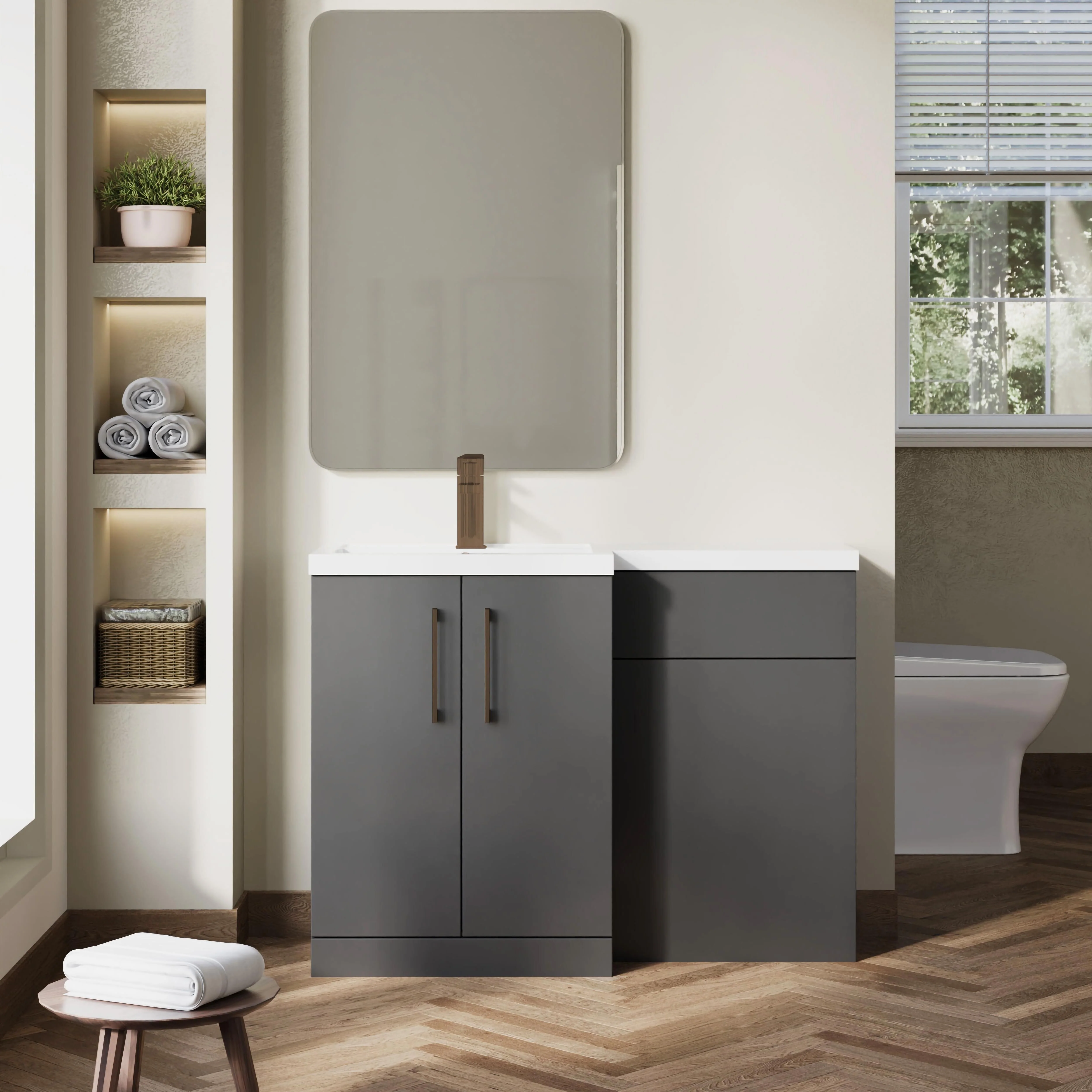 Bramshall Combination Vanity Unit with Basin & WC, Left Hand, 1100mm x 390mm - Choice of Colour and Handle Finish - Image 90