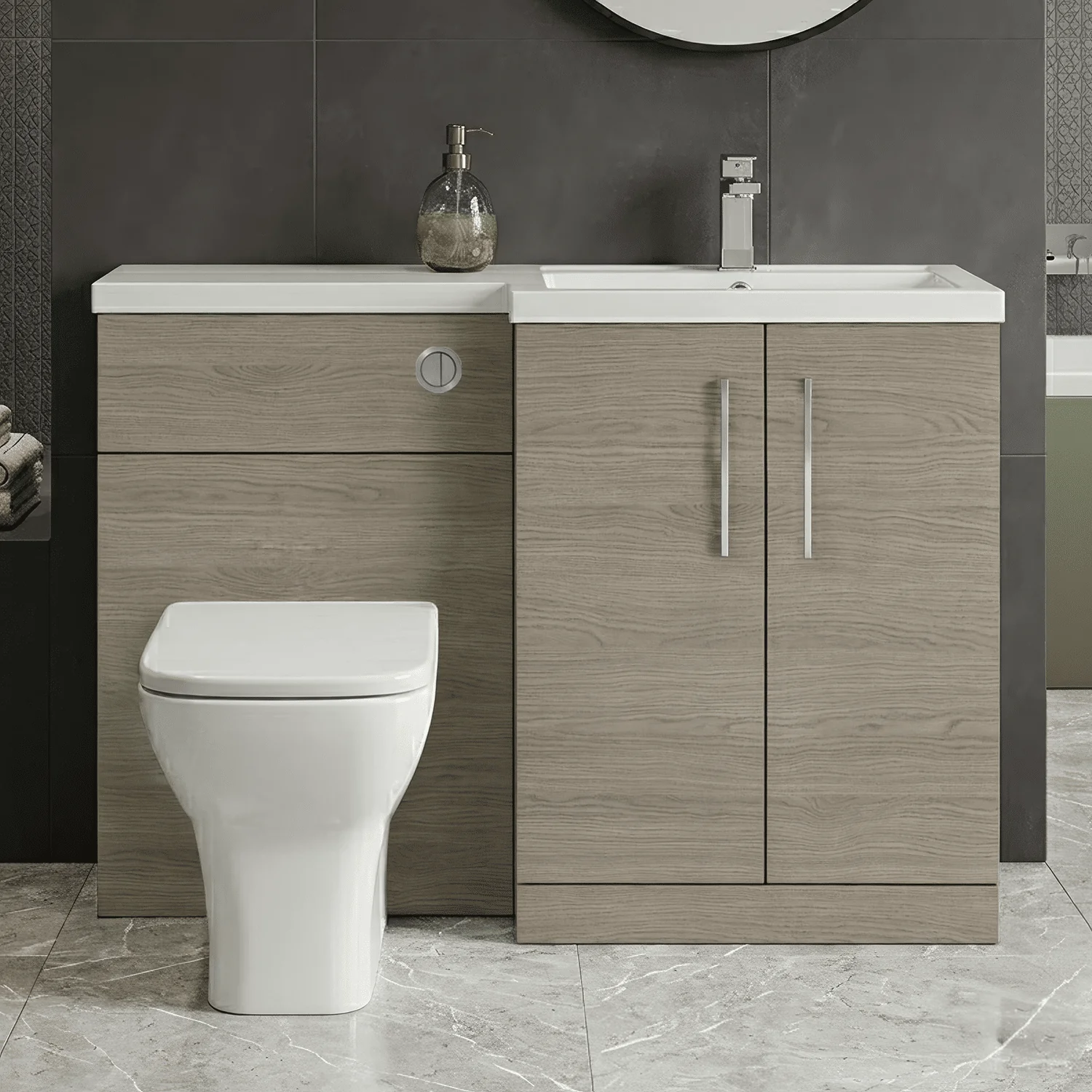 Bramshall Combination Vanity Unit with Basin & WC, Right Hand, 1100mm x 390mm - Choice of Colour and Handle Finish - Image 14
