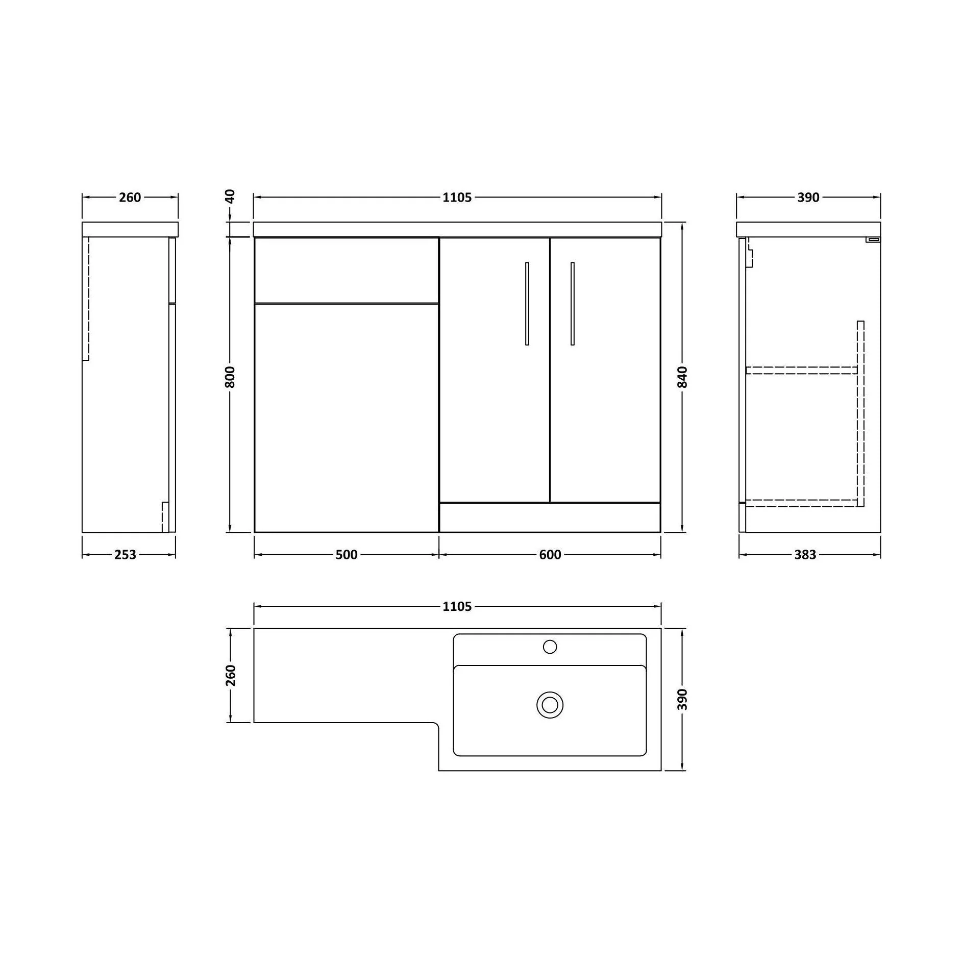 Bramshall Combination Vanity Unit with Basin & WC, Right Hand, 1100mm x 390mm - Choice of Colour and Handle Finish - Image 191
