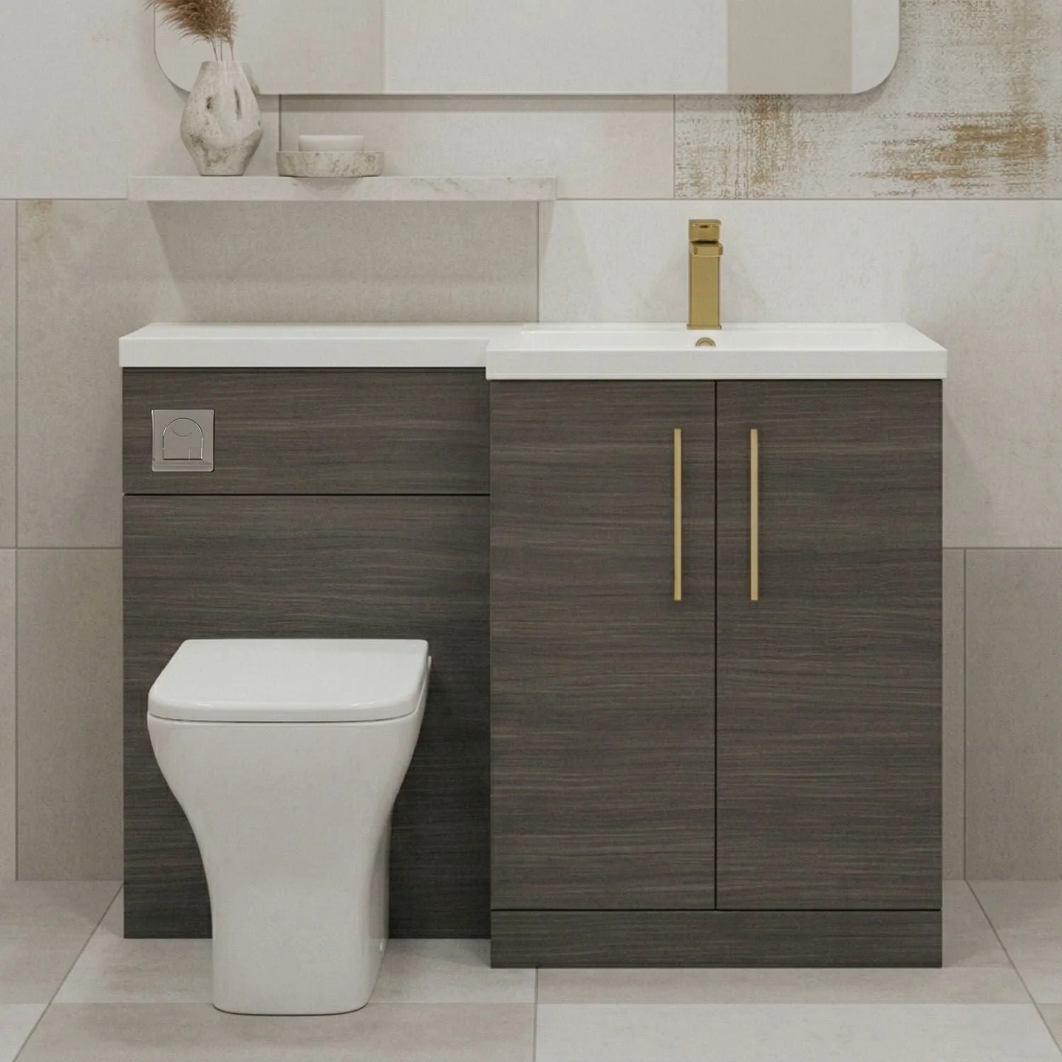 Bramshall Combination Vanity Unit with Basin & WC, Right Hand, 1100mm x 390mm - Choice of Colour and Handle Finish - Image 33