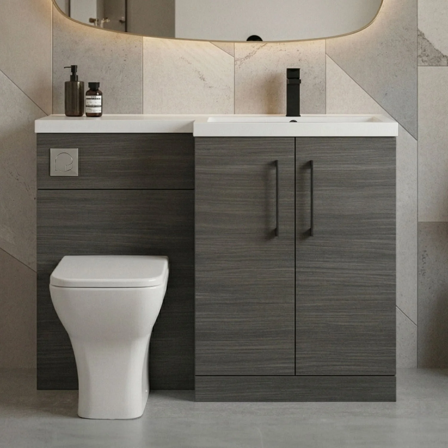 Bramshall Combination Vanity Unit with Basin & WC, Right Hand, 1100mm x 390mm - Choice of Colour and Handle Finish - Image 34