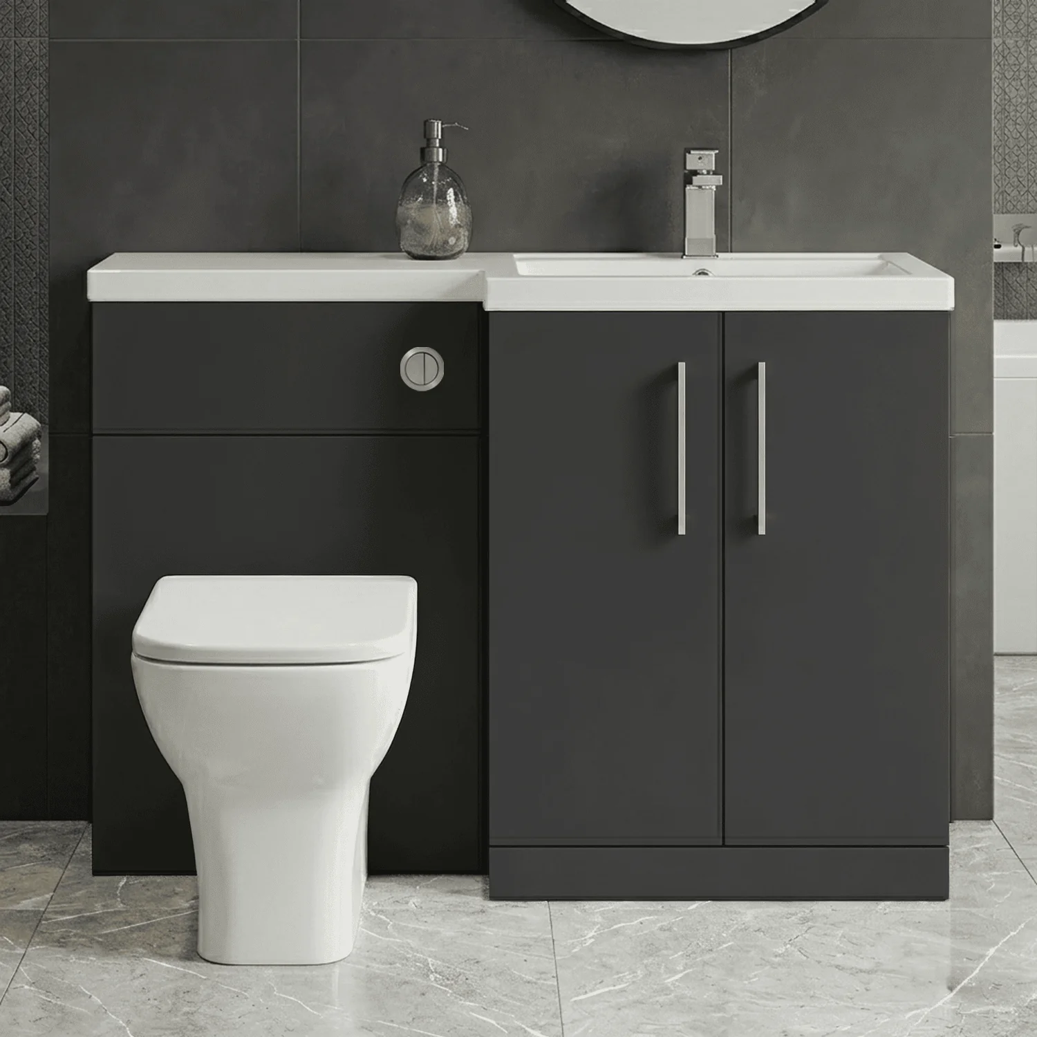 Bramshall Combination Vanity Unit with Basin & WC, Right Hand, 1100mm x 390mm - Choice of Colour and Handle Finish - Image 7