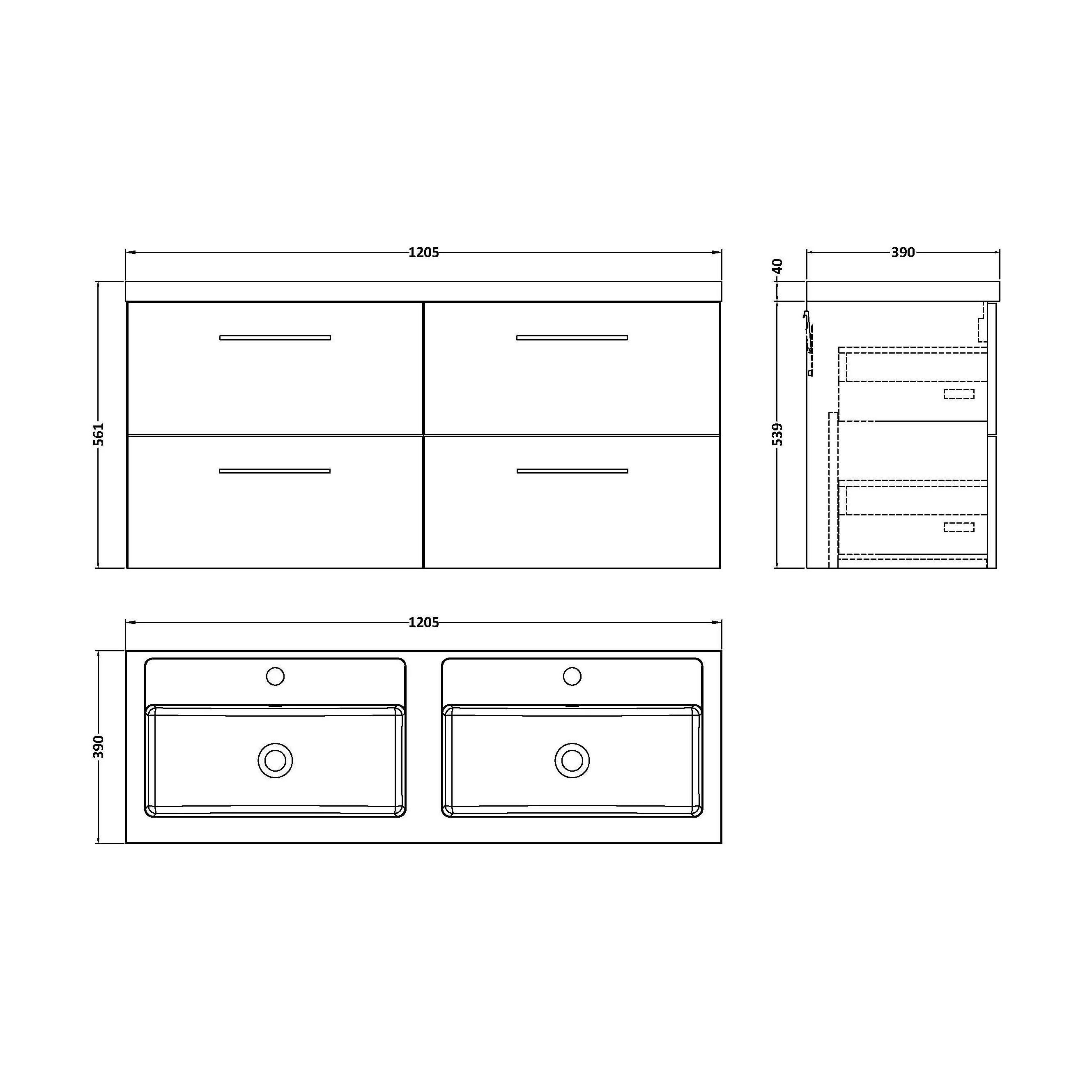 Balterley Level 1200mm Wall Hung 4-Drawer Vanity Unit with Double Basin for Modern Bathroom Storage - Gloss White - Image 31