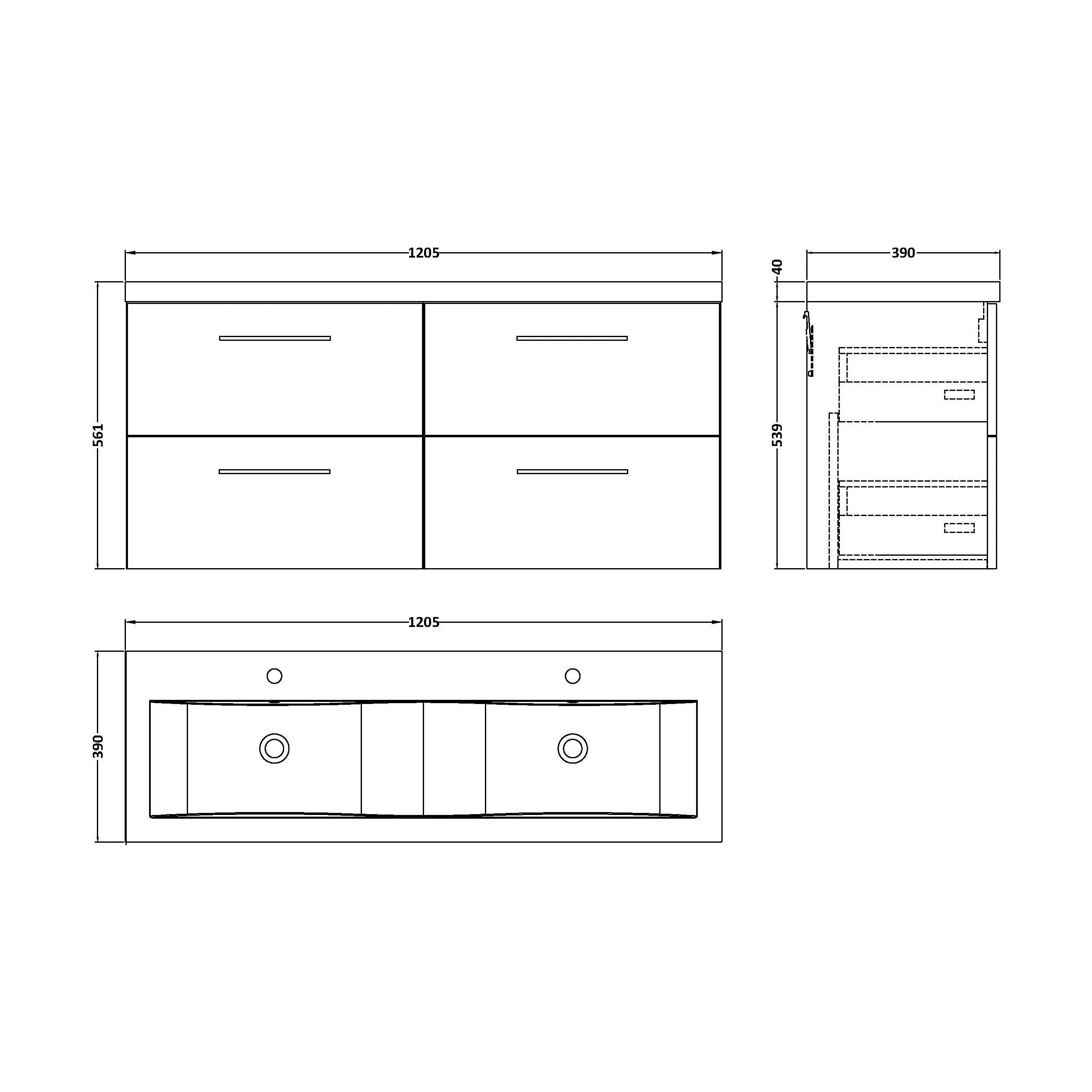 Balterley Level 1200mm Wall Hung 4-Drawer Vanity Unit with Double Basin for Modern Bathroom Storage - Gloss White - Image 34