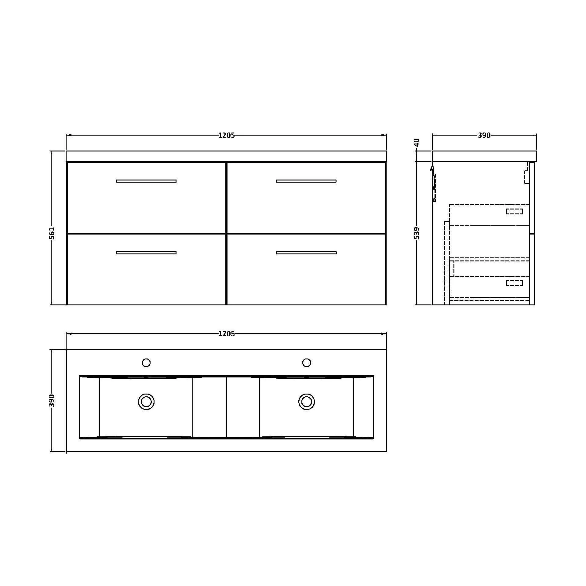 Balterley Level 1200mm Wall Hung 4-Drawer Vanity Unit with Double Basin for Modern Bathroom Storage - Gloss White - Image 44