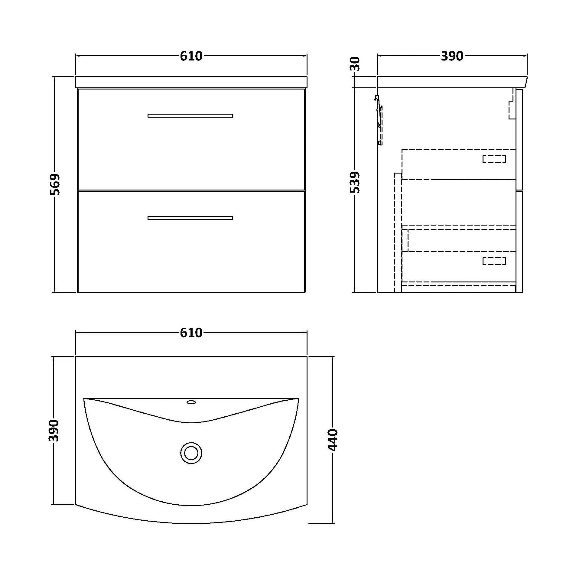 Balterley  Contemporary Bathroom 2-Drawer Wall-Hung Curved Basin Vanity Unit, Gloss White, 600mm - Image 2