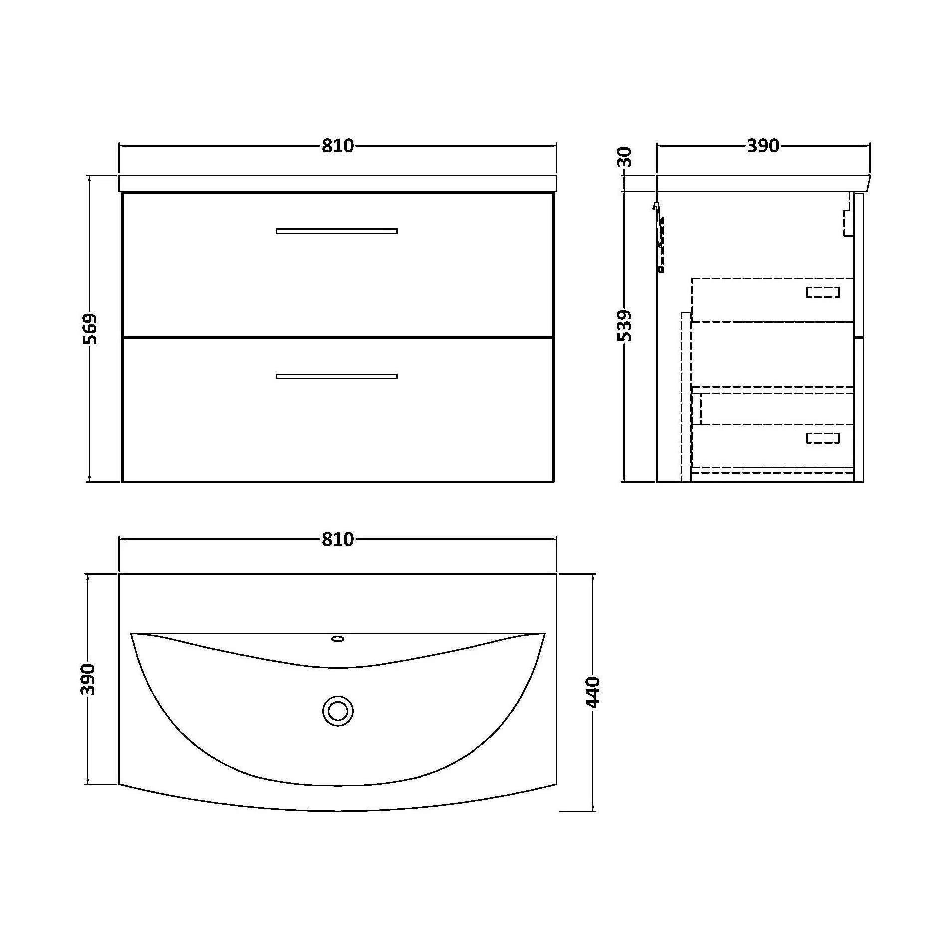 Balterley  Contemporary Bathroom 2-Drawer Wall-Hung Curved Basin Vanity Unit, Gloss White, 800mm - Image 2