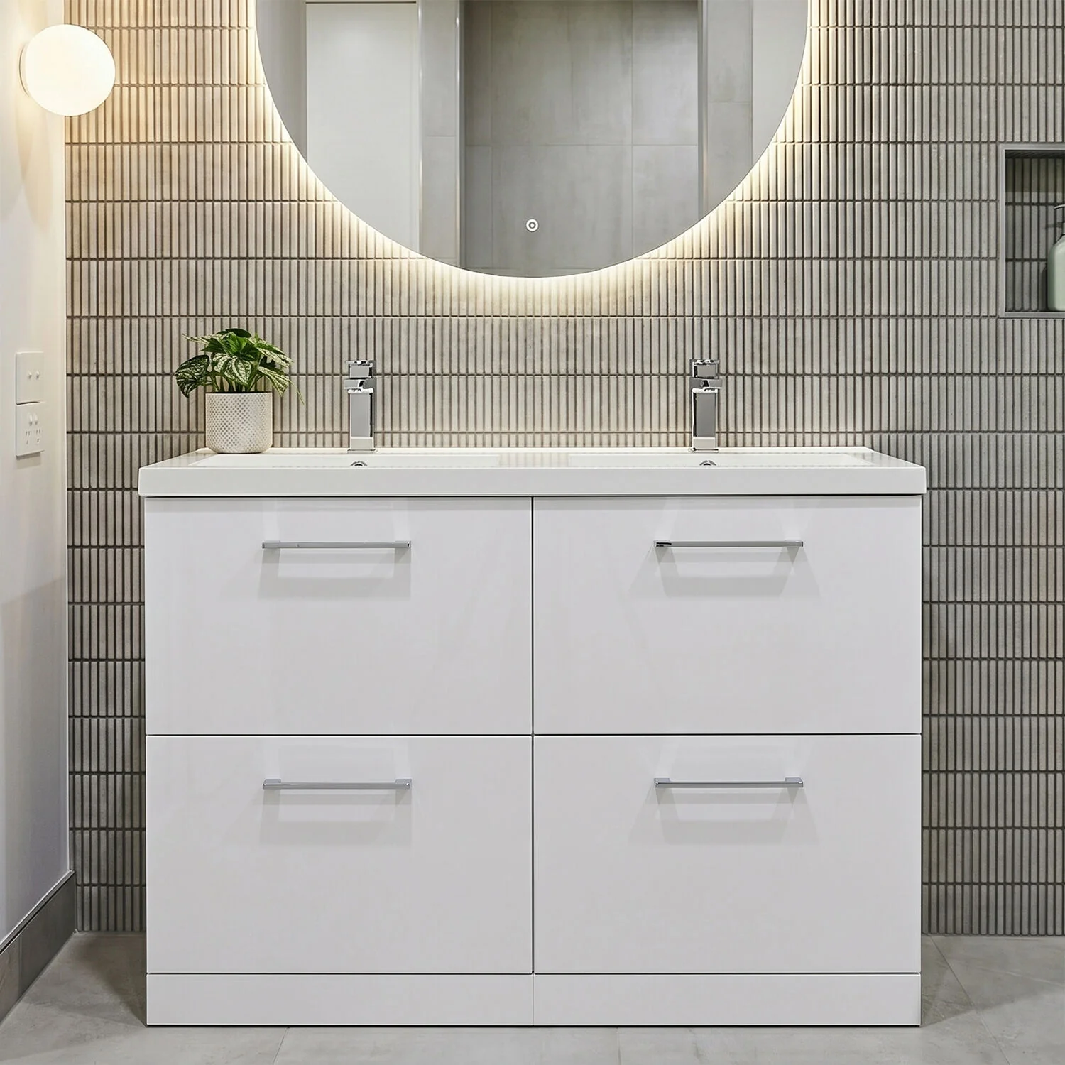 Balterley Level 1200mm Floor Standing 4 Drawer Vanity Unit with Double Basin, Handles & Overflow for Bathroom Storage Gloss White
