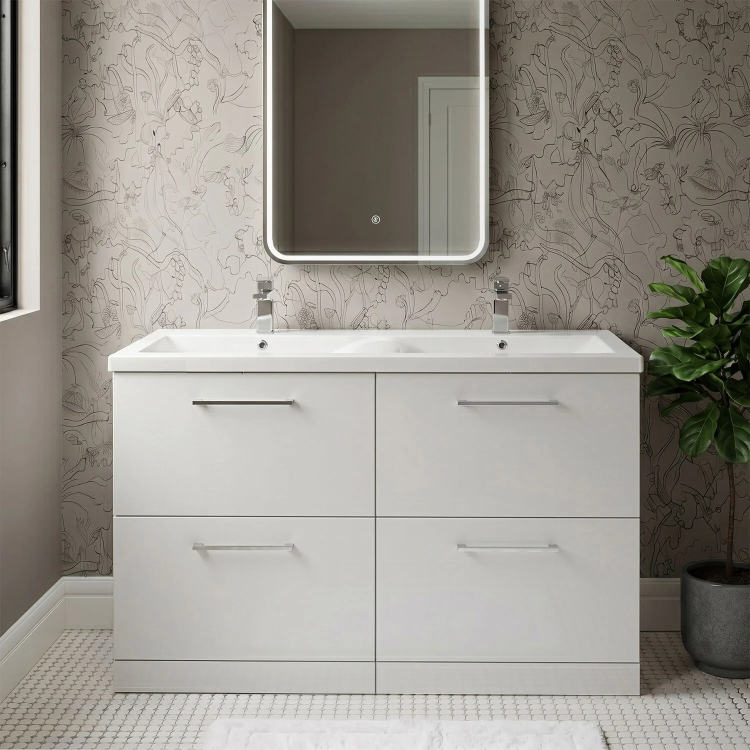 Balterley Level 1200mm Floor Standing 4 Drawer Vanity Unit with Double Basin, Handles & Overflow for Bathroom Storage Gloss White - Image 2