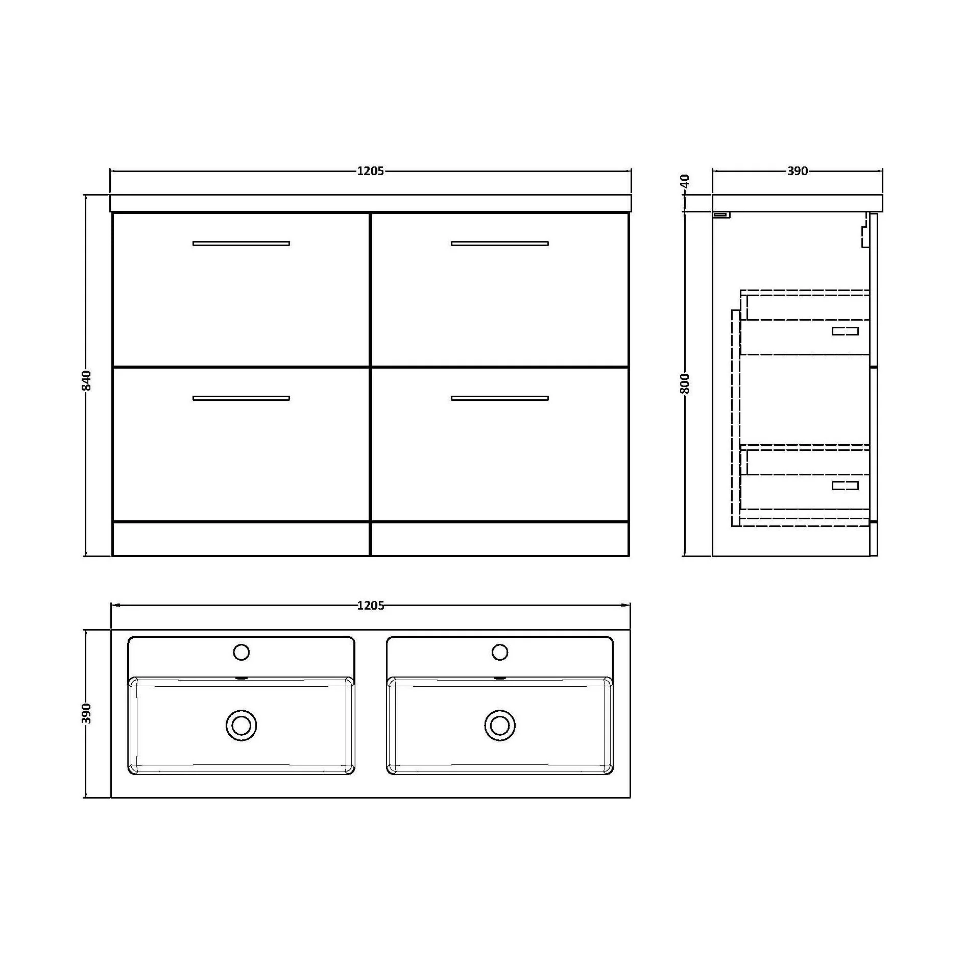 Balterley Level 1200mm Floor Standing 4 Drawer Vanity Unit with Double Basin, Handles & Overflow for Bathroom Storage Gloss White - Image 37
