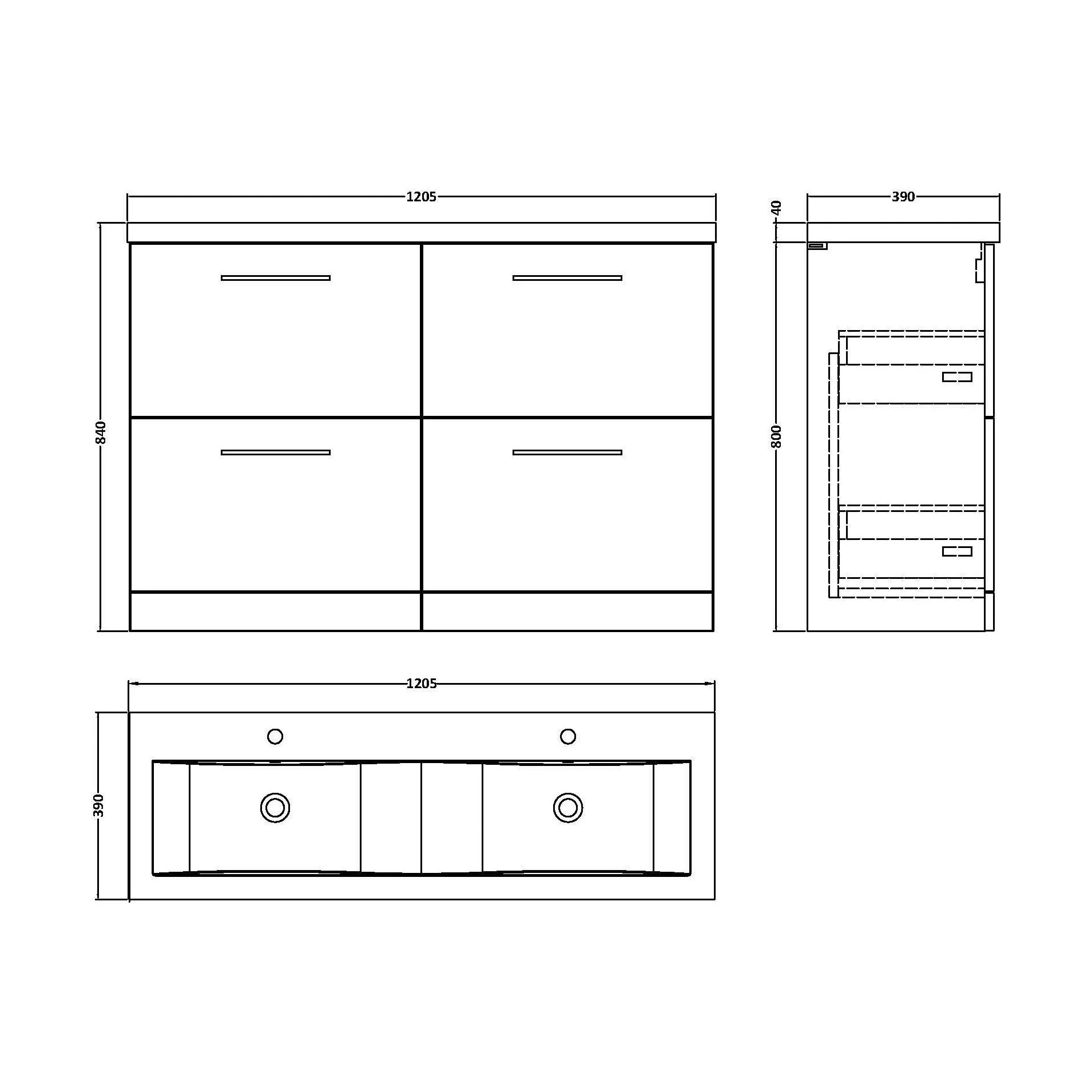 Balterley Level 1200mm Floor Standing 4 Drawer Vanity Unit with Double Basin, Handles & Overflow for Bathroom Storage Gloss White - Image 40