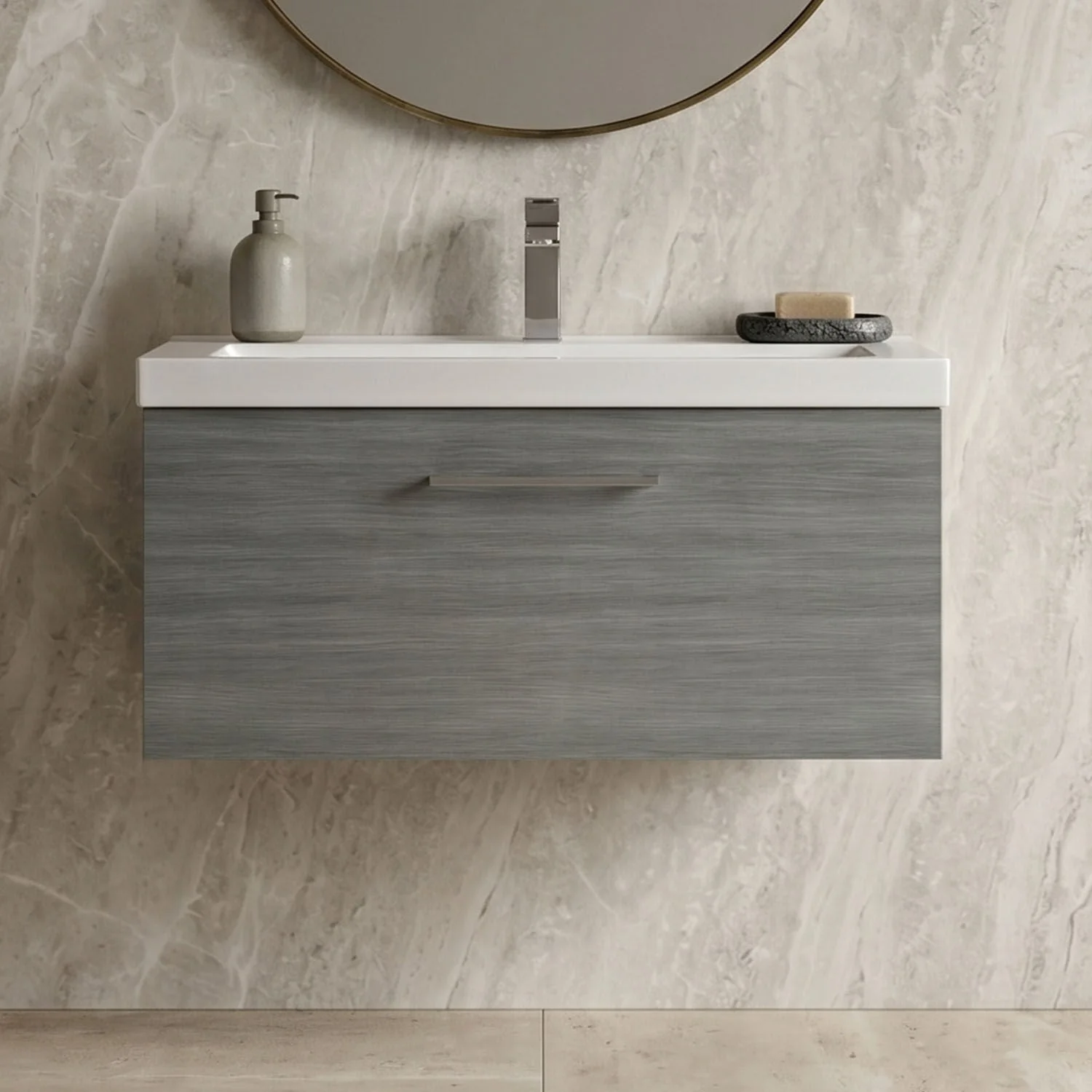 Bramshall Wall Hung 1 Drawer Vanity Unit with Mid-Edge Ceramic Basin 600mm - Image 19
