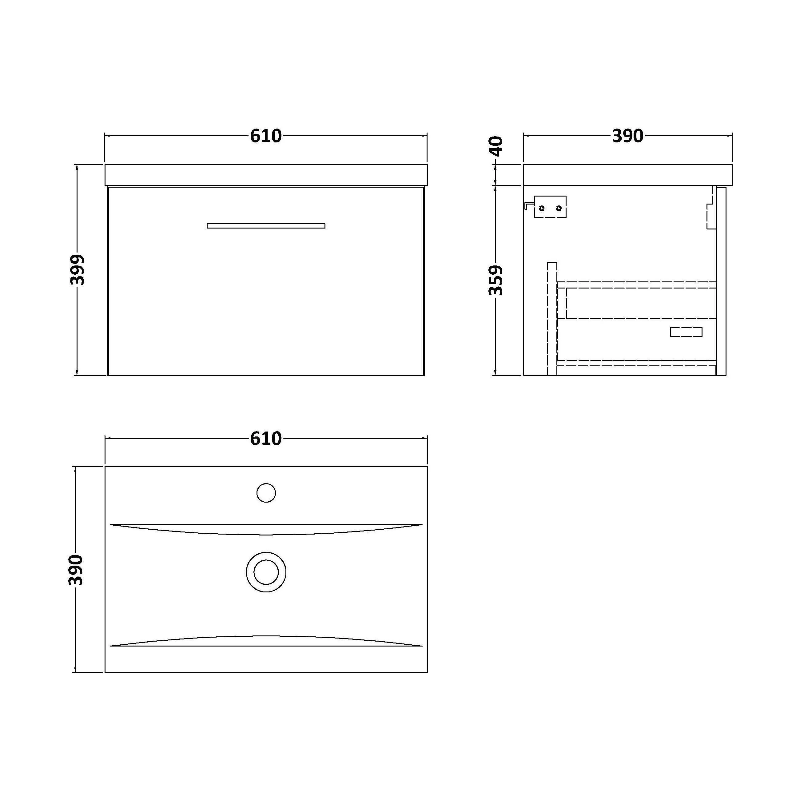 Bramshall Wall Hung 1 Drawer Vanity Unit with Mid-Edge Ceramic Basin 600mm - Image 196