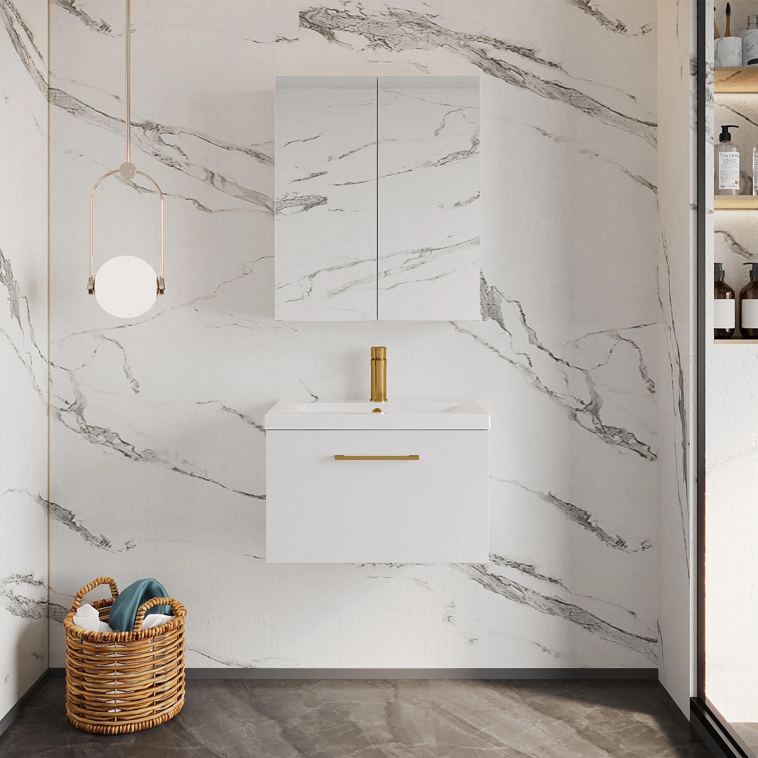 Bramshall Wall Hung 1 Drawer Vanity Unit with Mid-Edge Ceramic Basin 600mm - Image 28