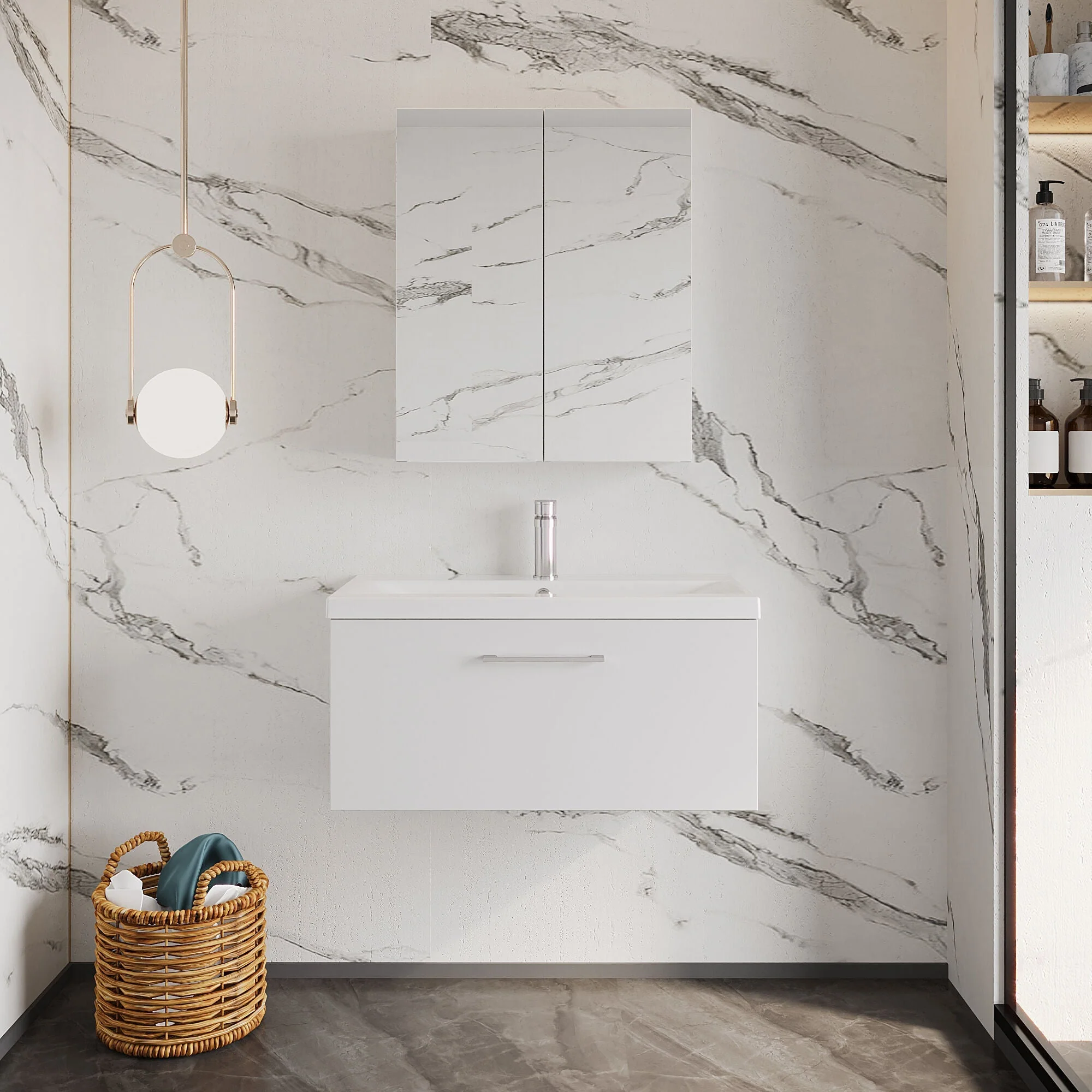 Bramshall Wall Hung 1 Drawer Vanity Unit with Mid-Edge Ceramic Basin 600mm - Image 30