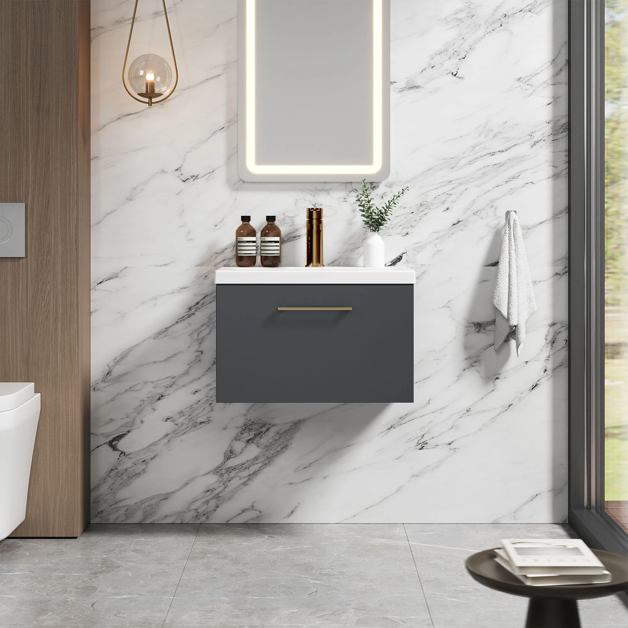 Bramshall Wall Hung 1 Drawer Vanity Unit with Mid-Edge Ceramic Basin 600mm - Image 37