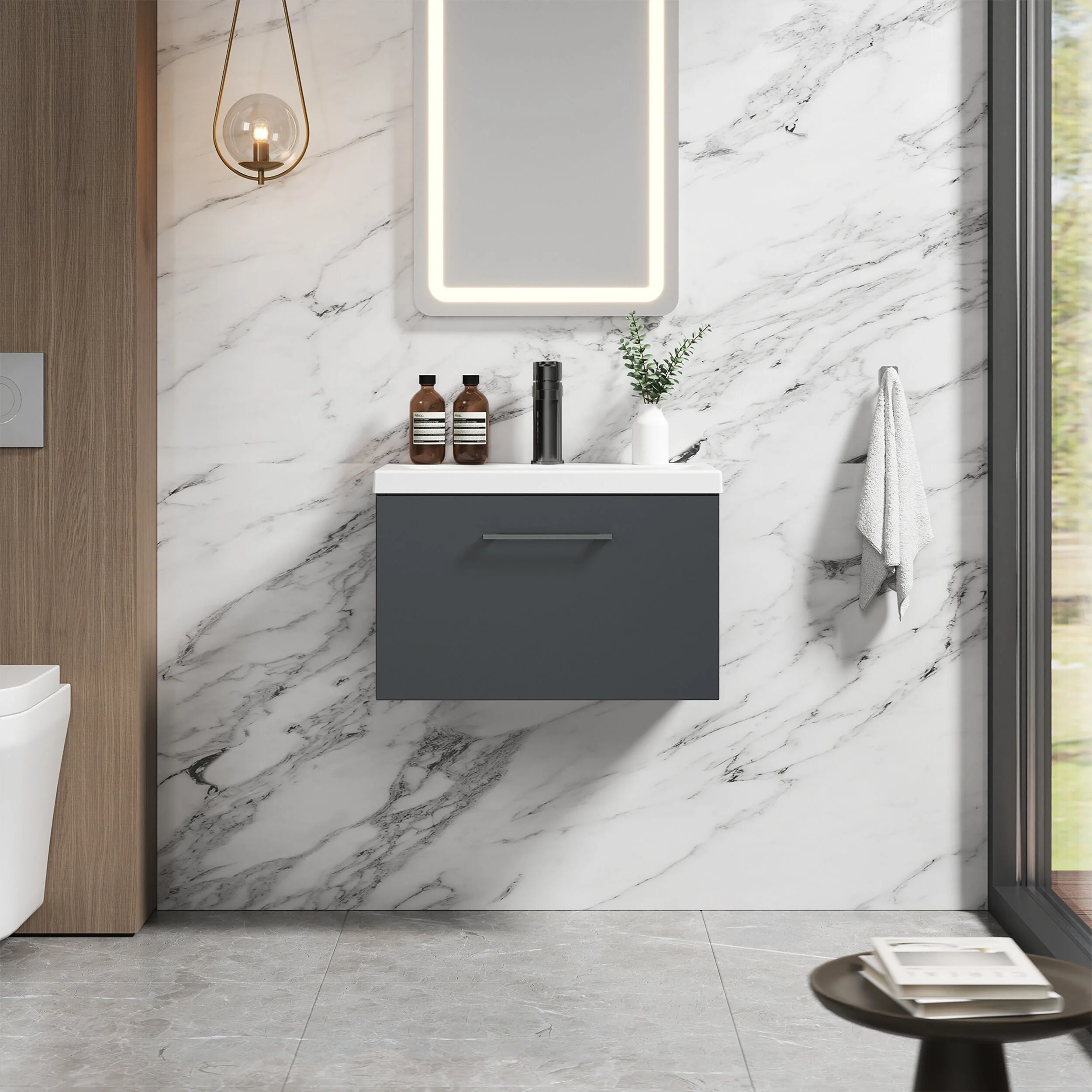 Bramshall Wall Hung 1 Drawer Vanity Unit with Mid-Edge Ceramic Basin 600mm - Image 41