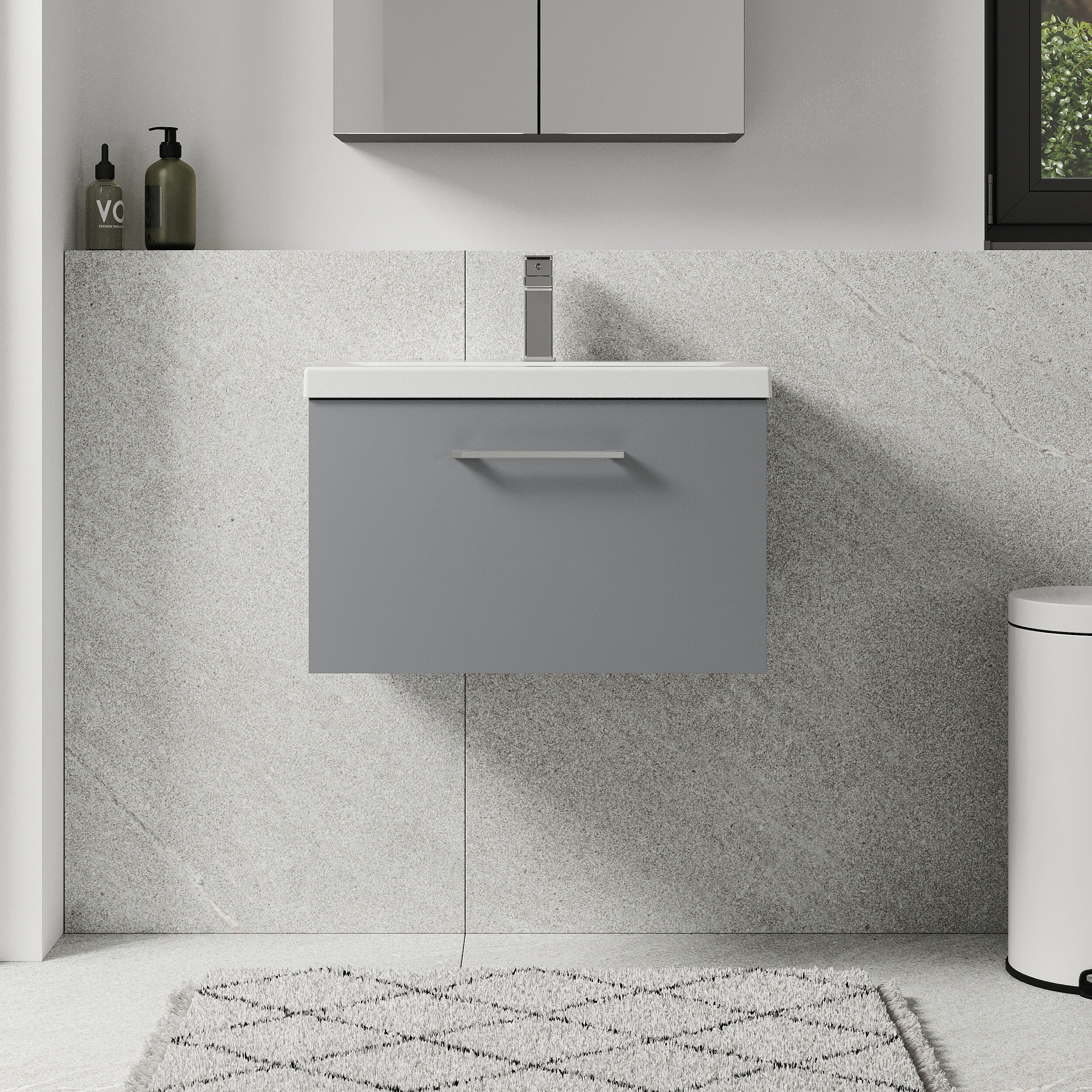 Bramshall Wall Hung 1 Drawer Vanity Unit with Mid-Edge Ceramic Basin 600mm - Image 48