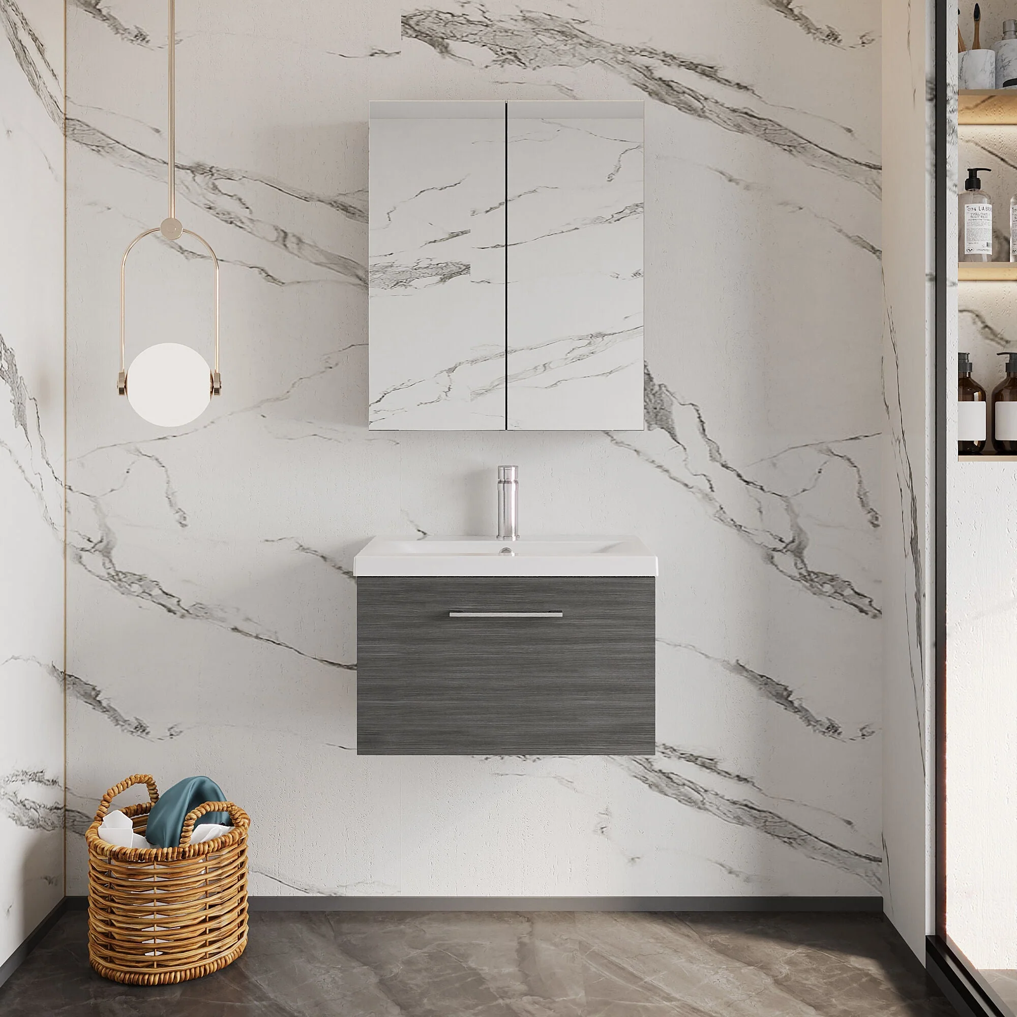 Bramshall Wall Hung 1 Drawer Vanity Unit with Mid-Edge Ceramic Basin 600mm - Image 63