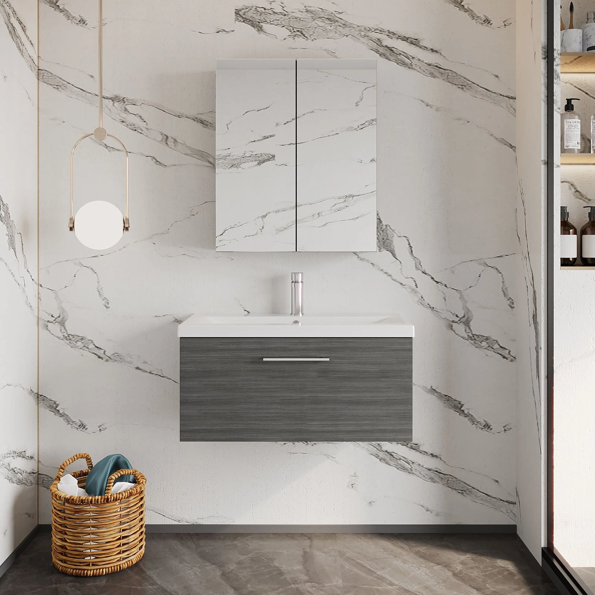 Bramshall Wall Hung 1 Drawer Vanity Unit with Mid-Edge Ceramic Basin 600mm - Image 69