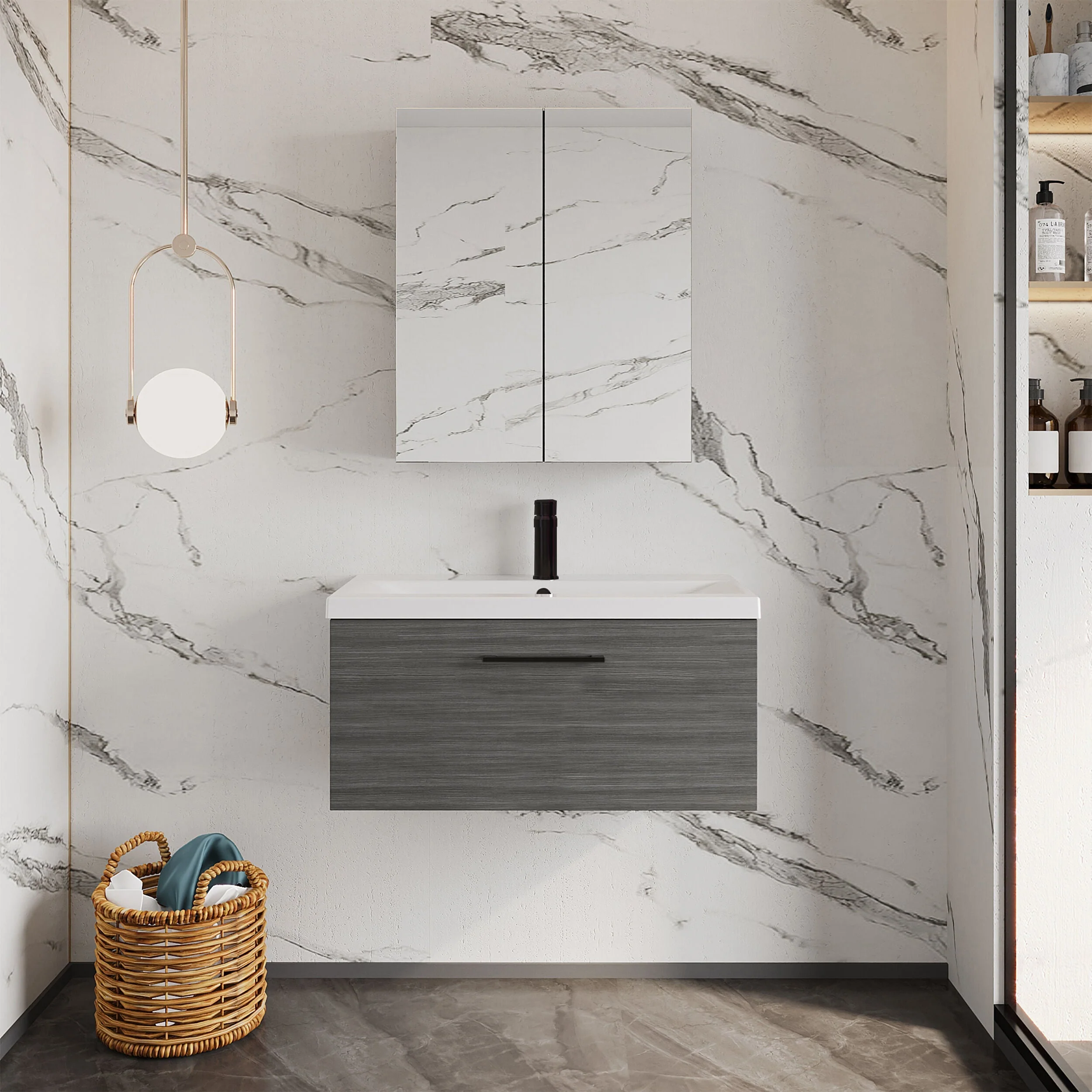 Bramshall Wall Hung 1 Drawer Vanity Unit with Mid-Edge Ceramic Basin 600mm - Image 71