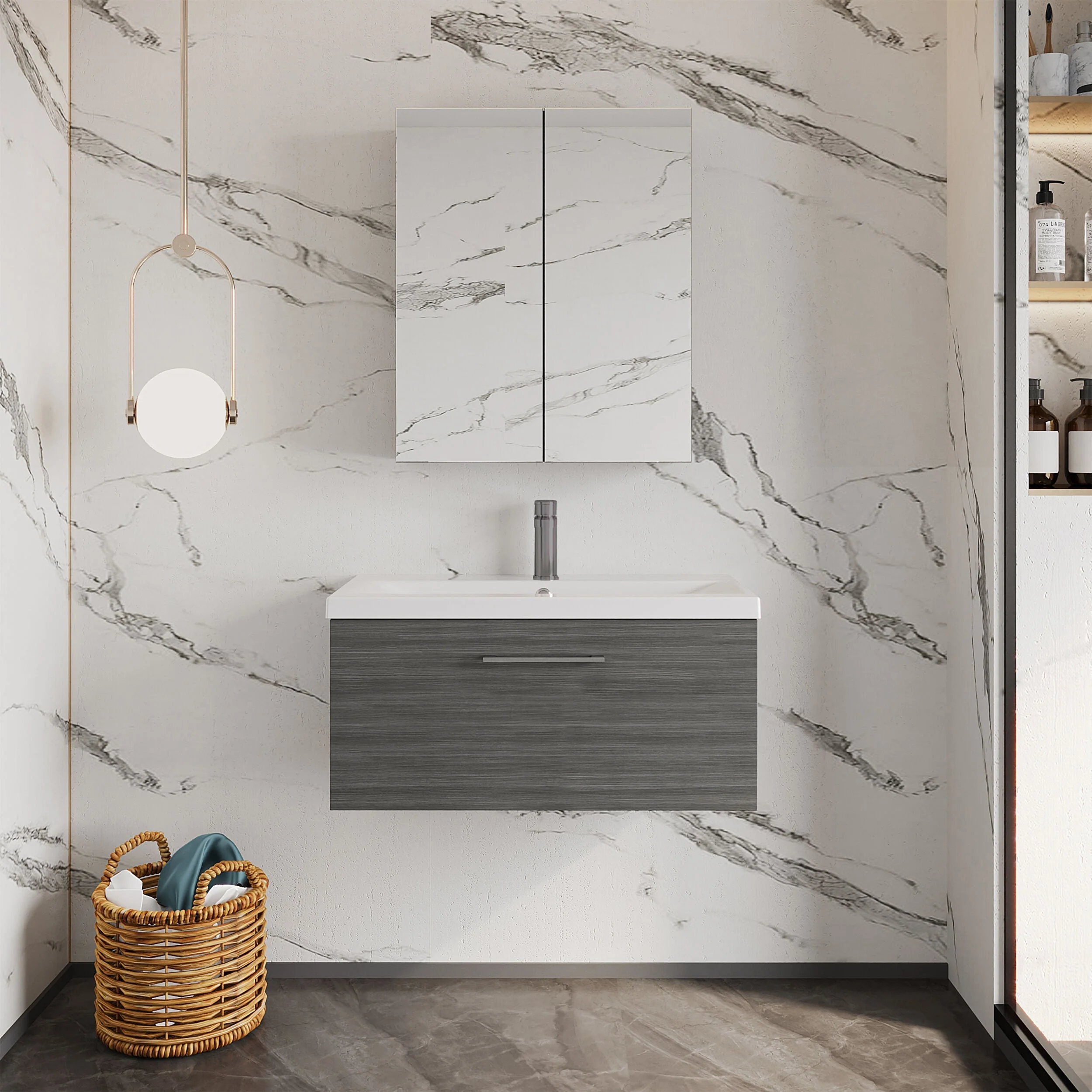 Bramshall Wall Hung 1 Drawer Vanity Unit with Mid-Edge Ceramic Basin 600mm - Image 74