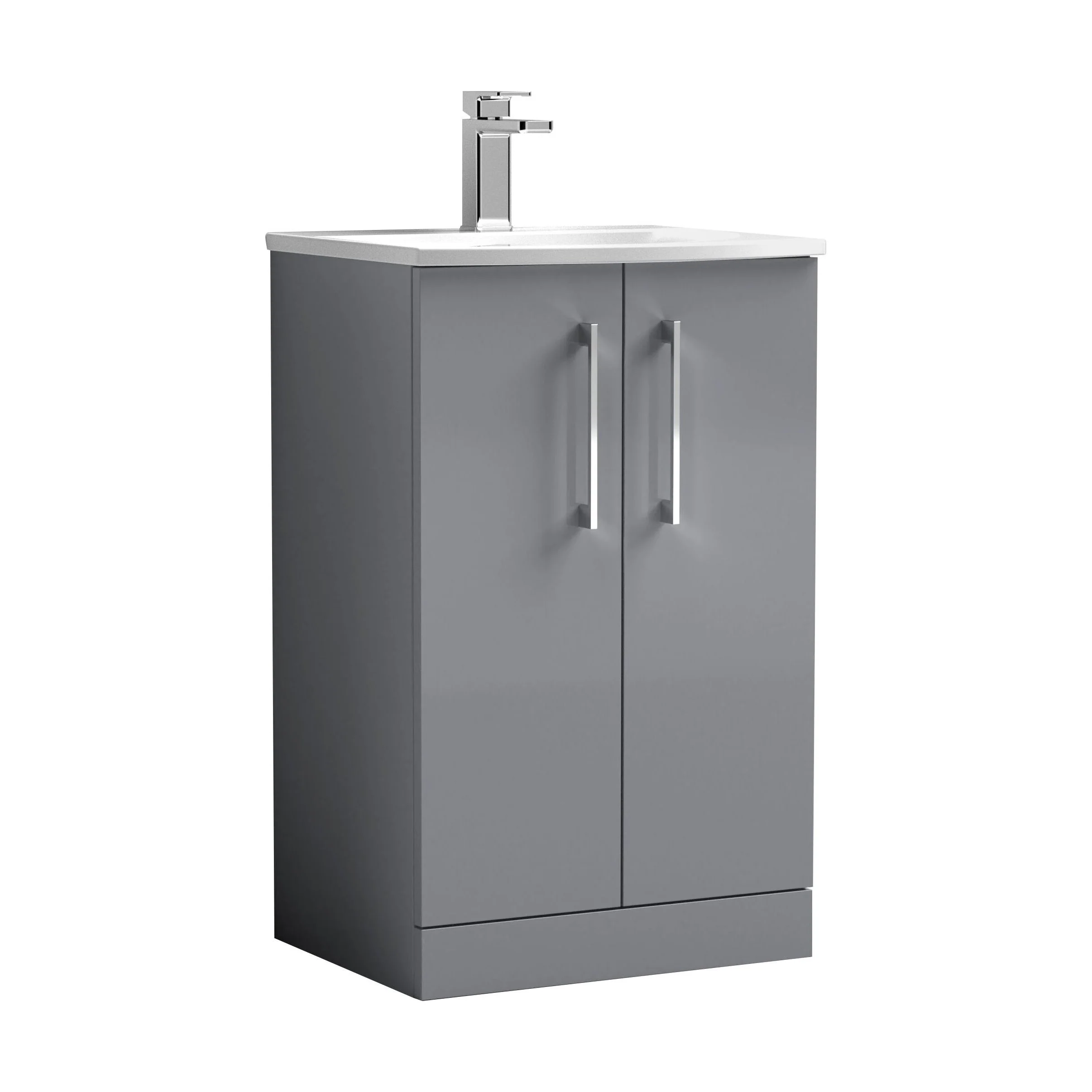 Balterley Modern Bathroom Floor Standing 2 Soft Close Door Vanity Unit & Curved Basin, Satin Grey, 500mm